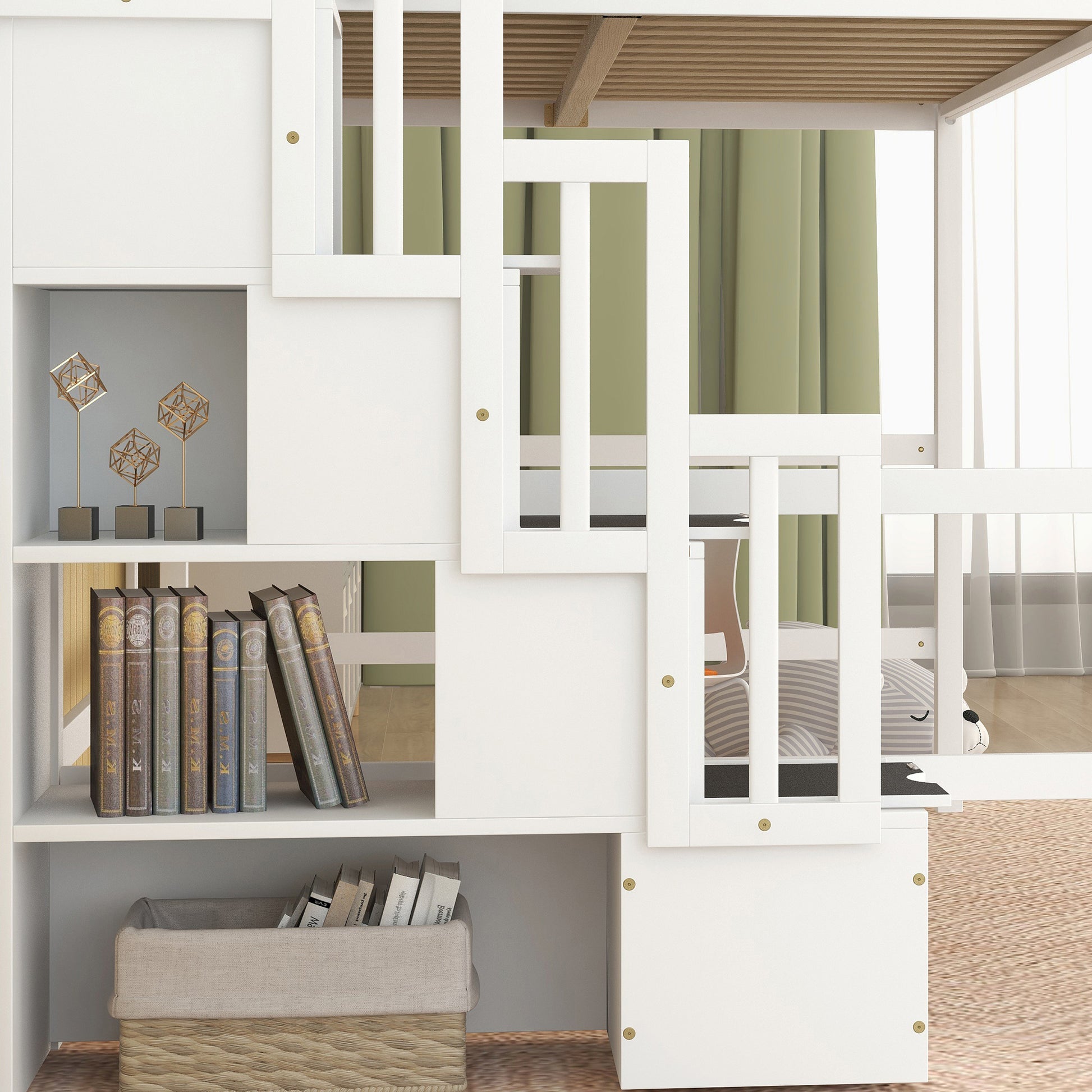 Full Size Loft Bed With Built In Desk, Bookshelves And Storage Staircase,White Old Sku:W504S00110 Full White Pine