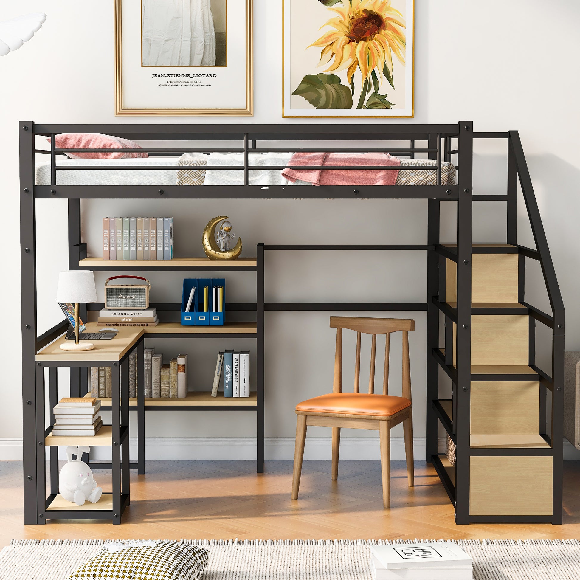 Full Size Metal Loft Bed With Staircase, Built In Desk And Shelves, Black Box Spring Not Required Full Black Metal Bedroom Mdf Metal