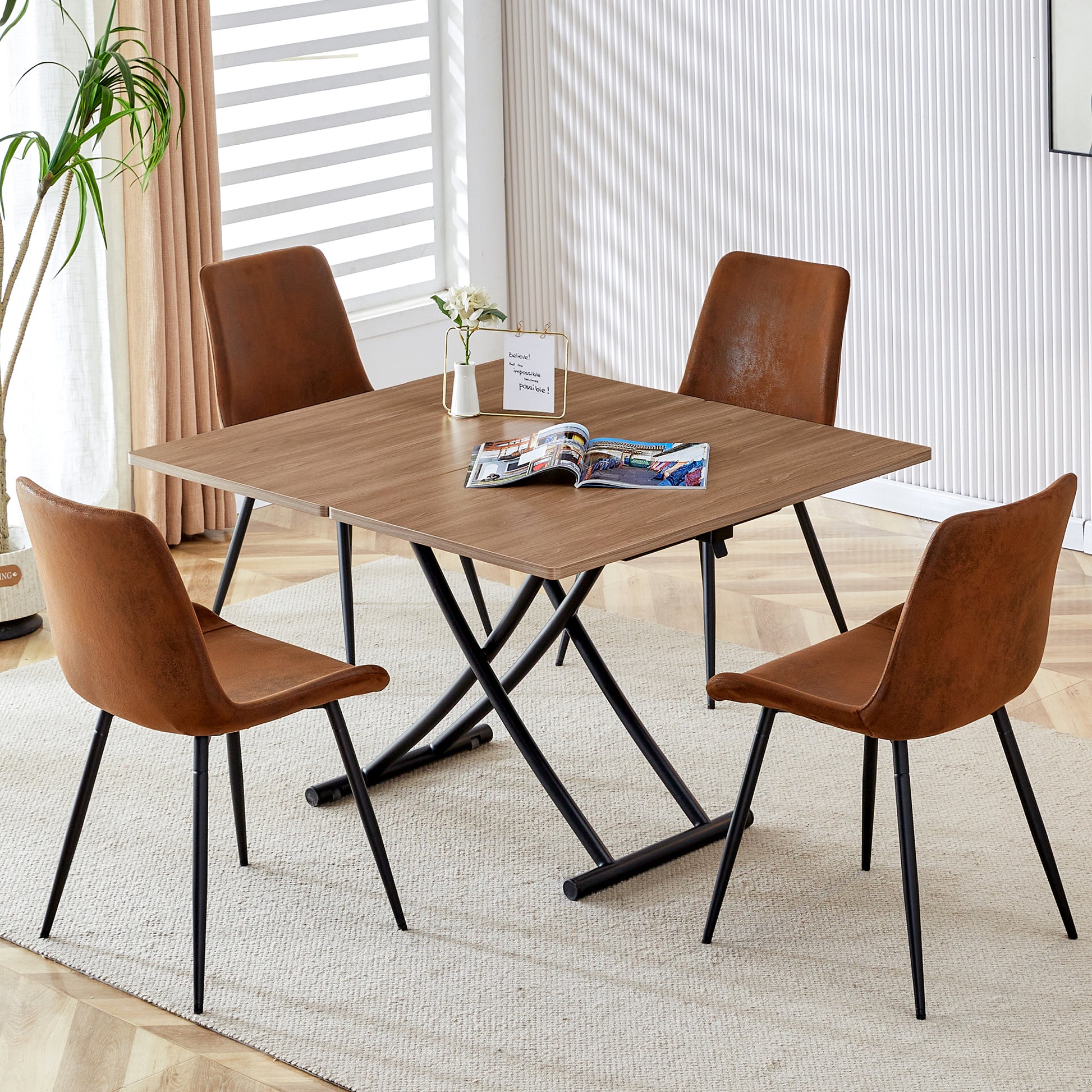 Modern Minimalist Multifunctional Lifting Table, 0.8 Inch Wood Grain Craft Sticker Desktop, Black Metal Legs. 4 Upholstered Dining Chairs With Black Metal Legs. Lt 10055 B0502 Natural Wood Wash Metal