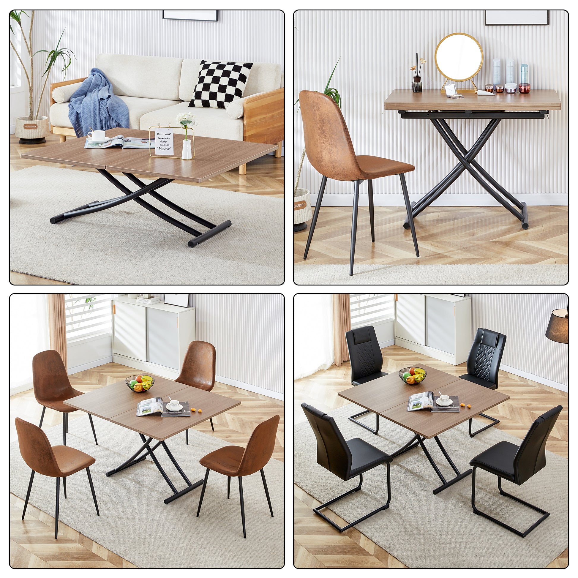 Modern Minimalist Multifunctional Lifting Table, 0.8 Inch Wood Grain Craft Sticker Desktop, Black Metal Legs. 4 Upholstered Dining Chairs With Black Metal Legs. Lt 10055 B0502 Natural Wood Wash Metal