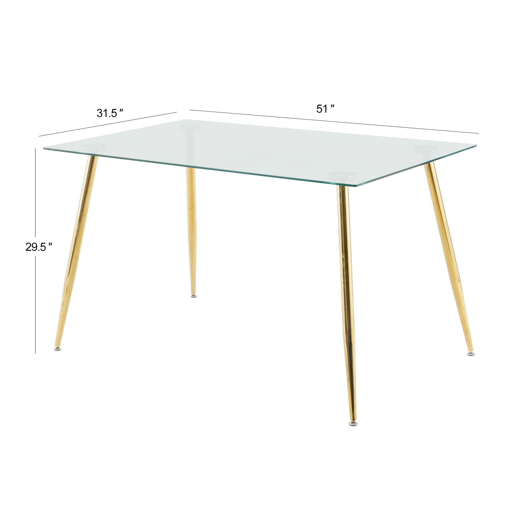 Modern Kitchen Glass Dining Table 51" Rectangular Tempered Glass Table Top,Clear Dining Table Metal Legs, Gold Legs Set Of 1 Clear Rectangular Glass