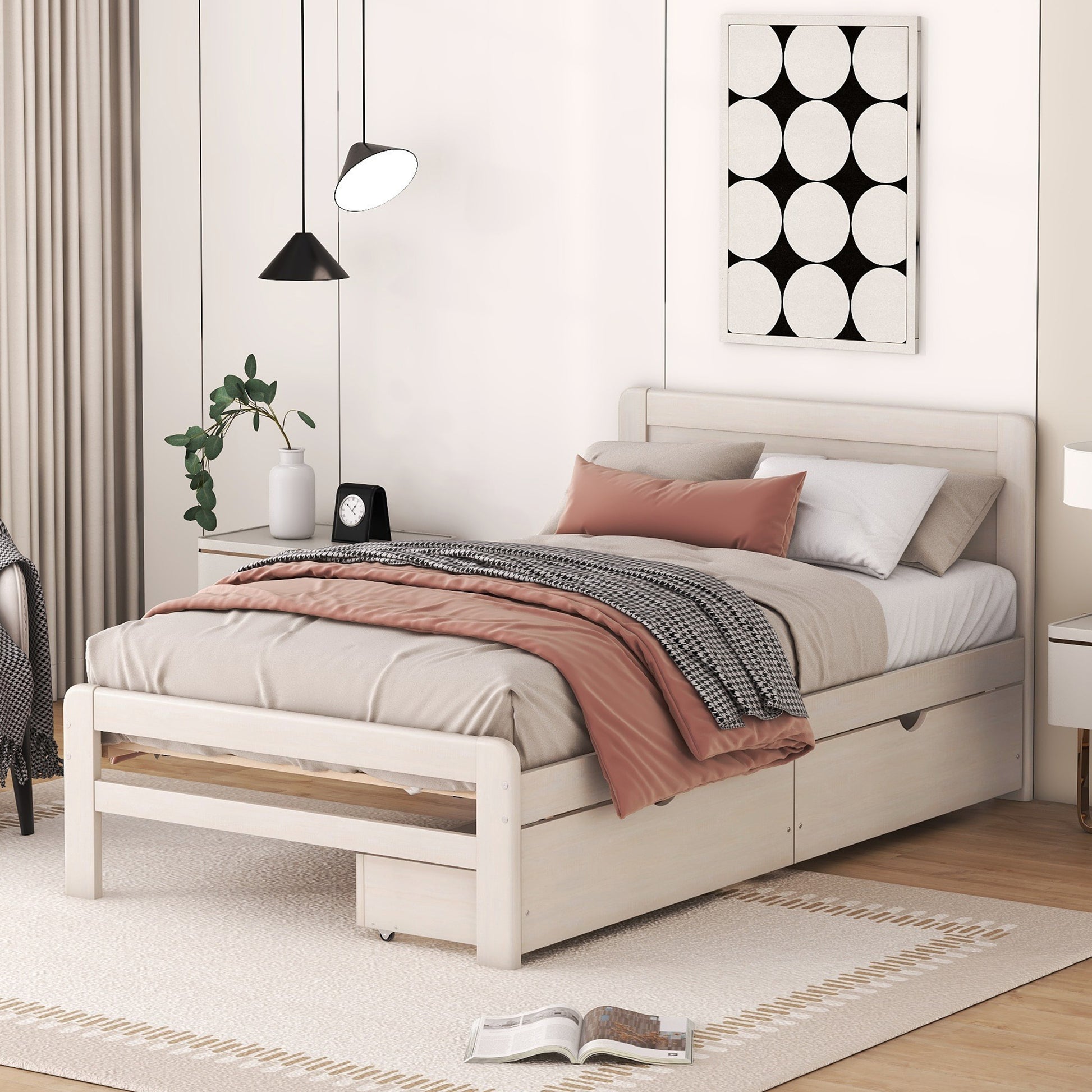 Modern Design Twin Size Platform Bed Frame With 2 Drawers For White Washed Color Twin White Washed Rubber Wood