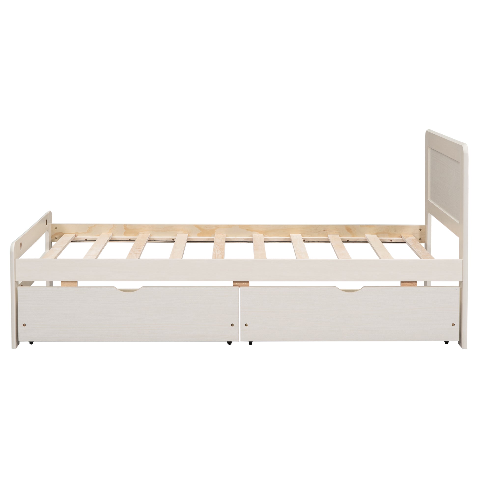 Modern Design Twin Size Platform Bed Frame With 2 Drawers For White Washed Color Twin White Washed Rubber Wood