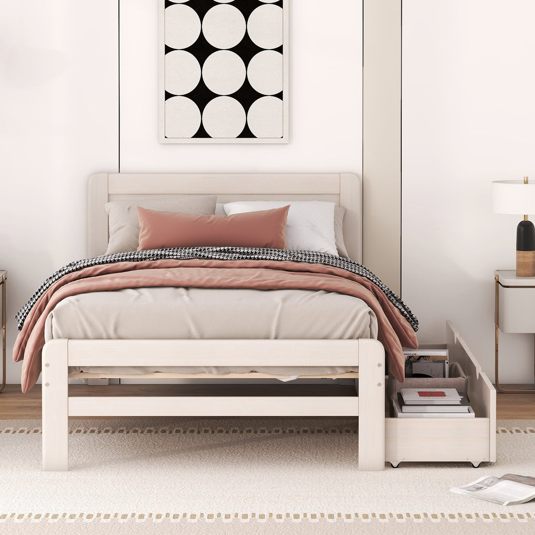 Modern Design Twin Size Platform Bed Frame With 2 Drawers For White Washed Color Twin White Washed Rubber Wood