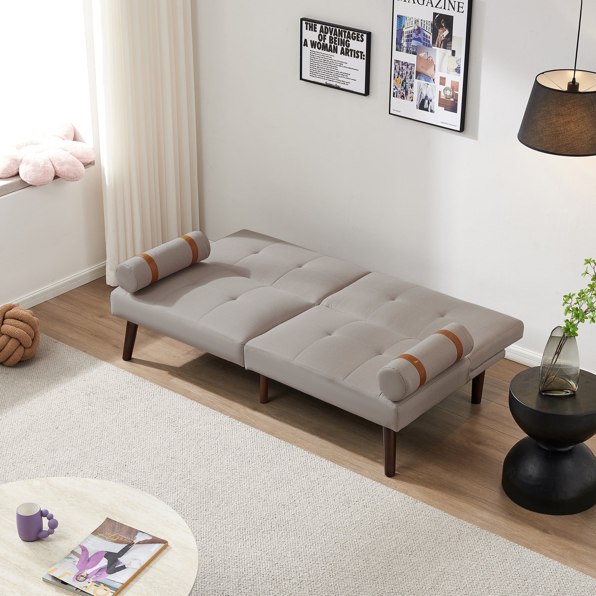 Convertible Sofa Bed Futon With Solid Wood Legs Linen Fabric Light Grey Light Grey Fabric 2 Seat