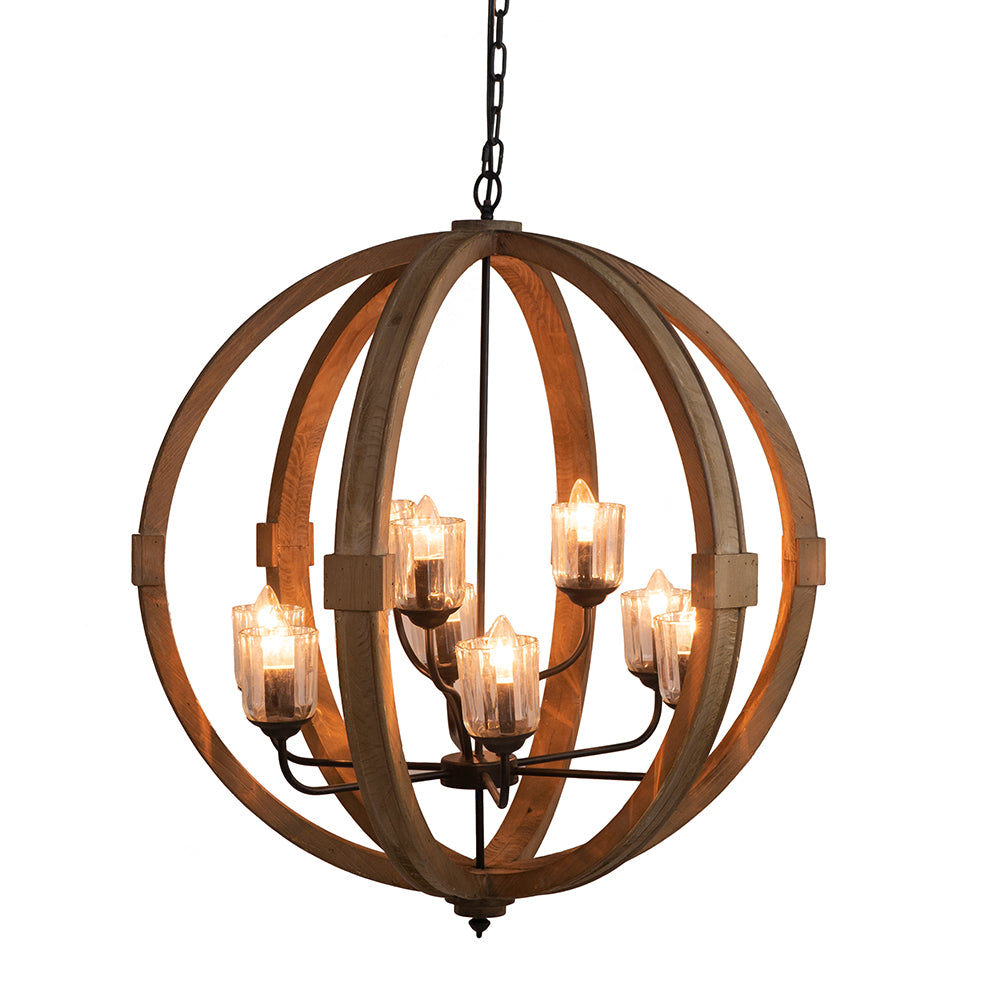 9 Light Globe Chandelier, Wood Chandelier Hanging Light Fixture With Adjustable Chain For Kitchen Dining Room Foyer Entryway, Bulb Not Included Brown Wood
