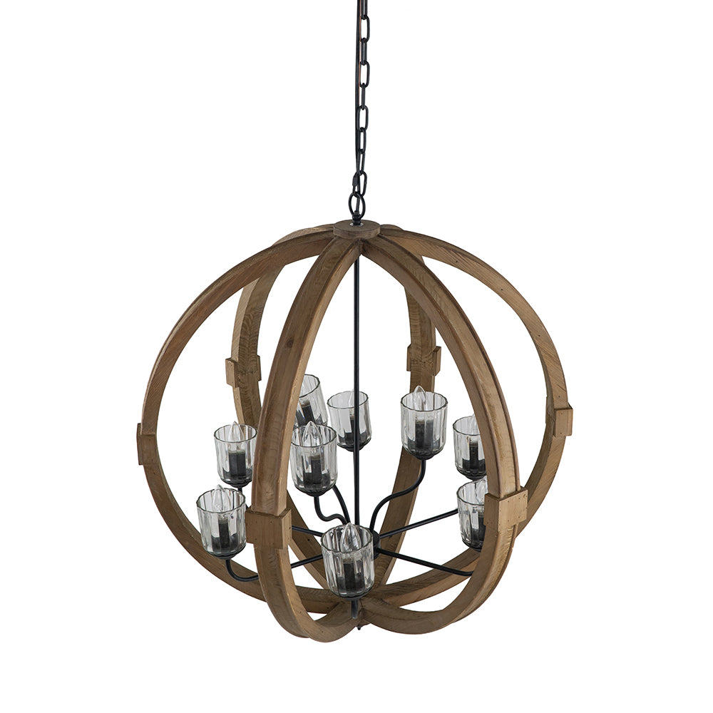 9 Light Globe Chandelier, Wood Chandelier Hanging Light Fixture With Adjustable Chain For Kitchen Dining Room Foyer Entryway, Bulb Not Included Brown Wood