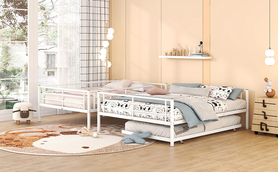 Full Xl Over Queen Metal Bunk Bed With Trundle, White Full Xl White Iron