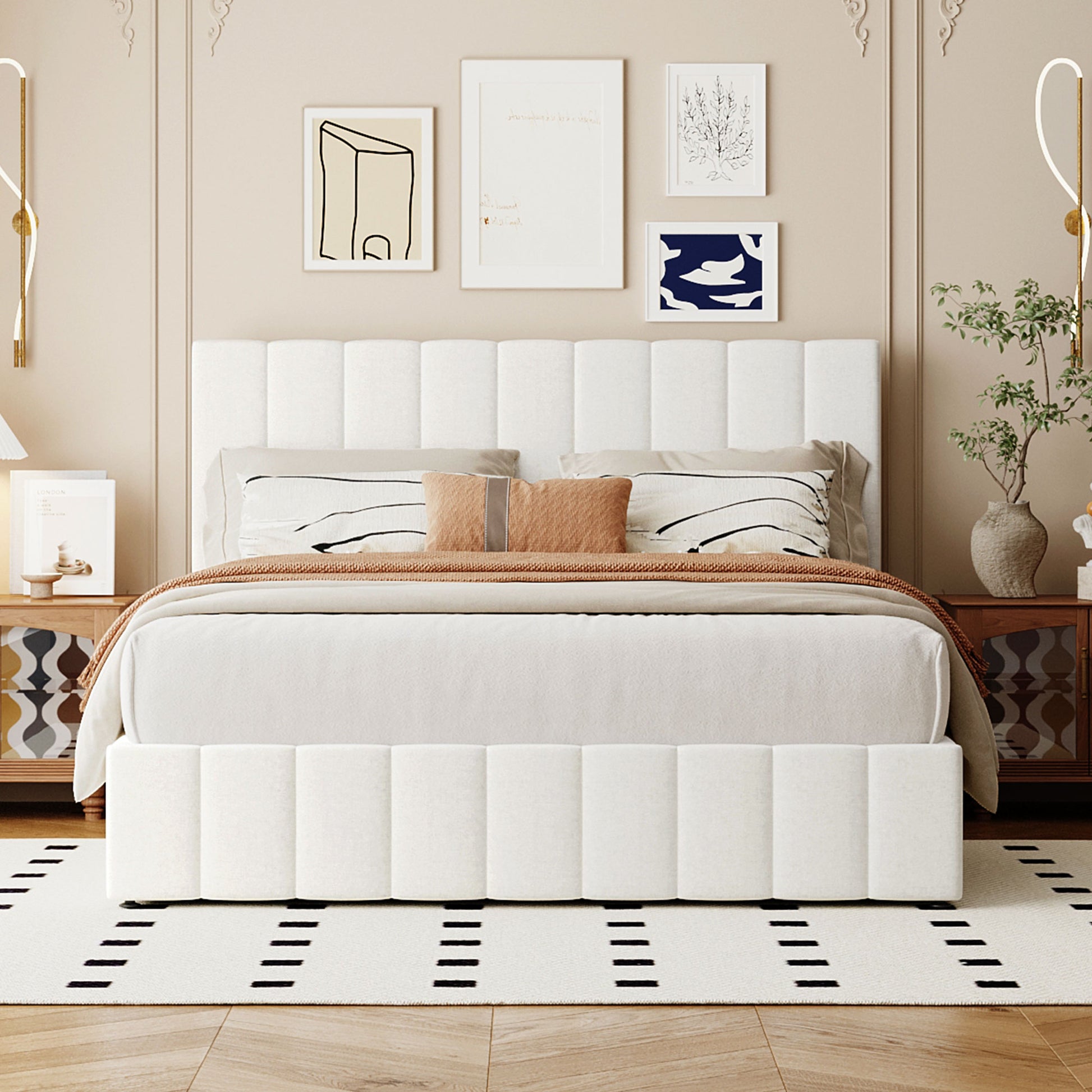 Queen Size Upholstered Platform Bed With A Hydraulic Storage System White White Upholstered