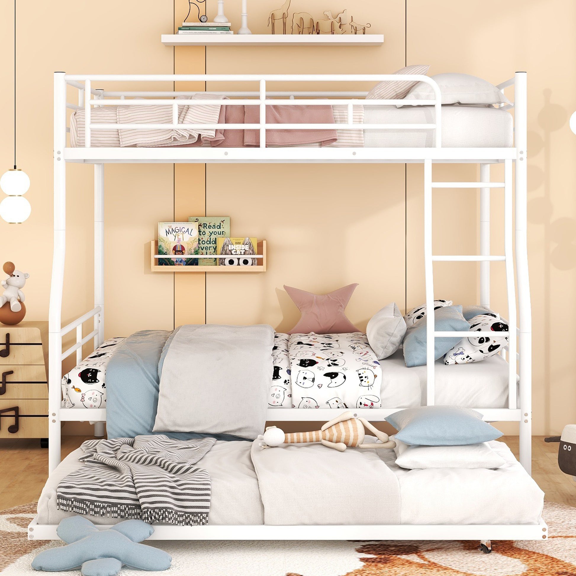 Full Xl Over Queen Metal Bunk Bed With Trundle, White Full Xl White Iron