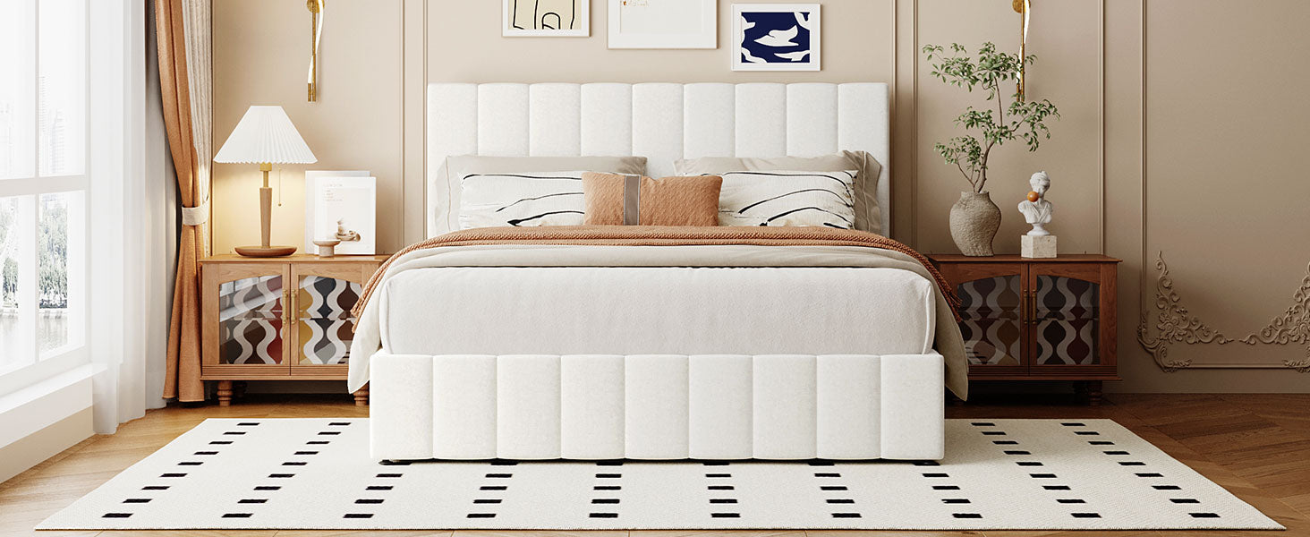 Queen Size Upholstered Platform Bed With A Hydraulic Storage System White White Upholstered