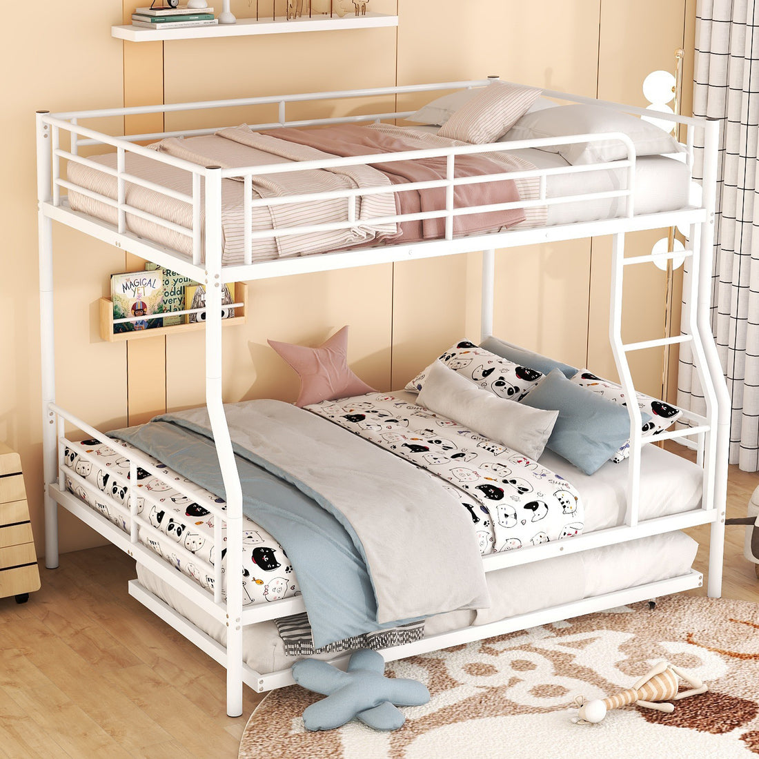 Full Xl Over Queen Metal Bunk Bed With Trundle, White Full Xl White Iron