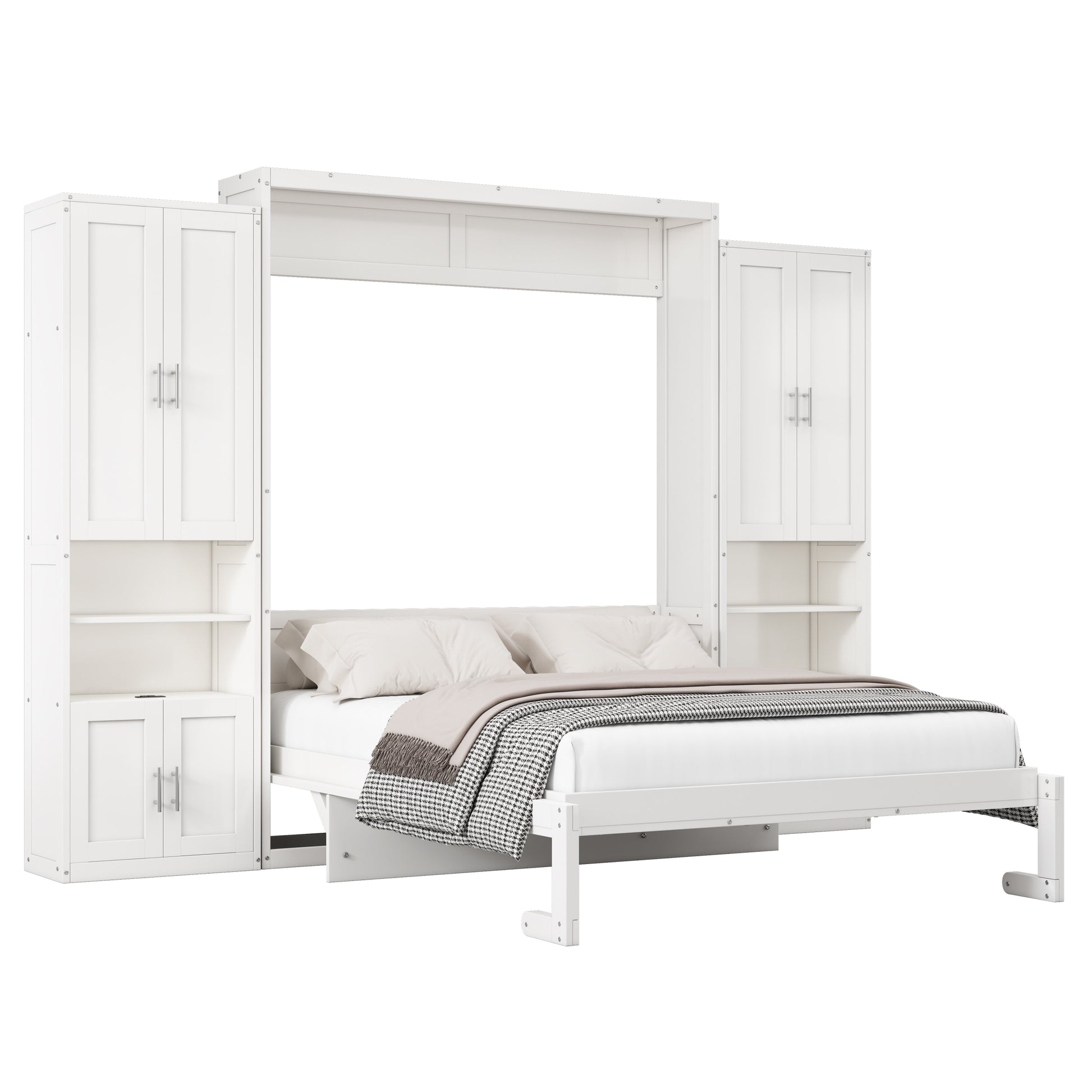 Queen Size Murphy Bed With 2 Side Cabinet Storage Shelves, 68 Inch Cabinet Bed Folding Wall Bed With Desk Combo Perfect For Guest Room, Study, Office,White Old Sku:Bs400491Aac Box Spring Not Required Queen White Wood White Pine Murphy Solid Wood Mdf