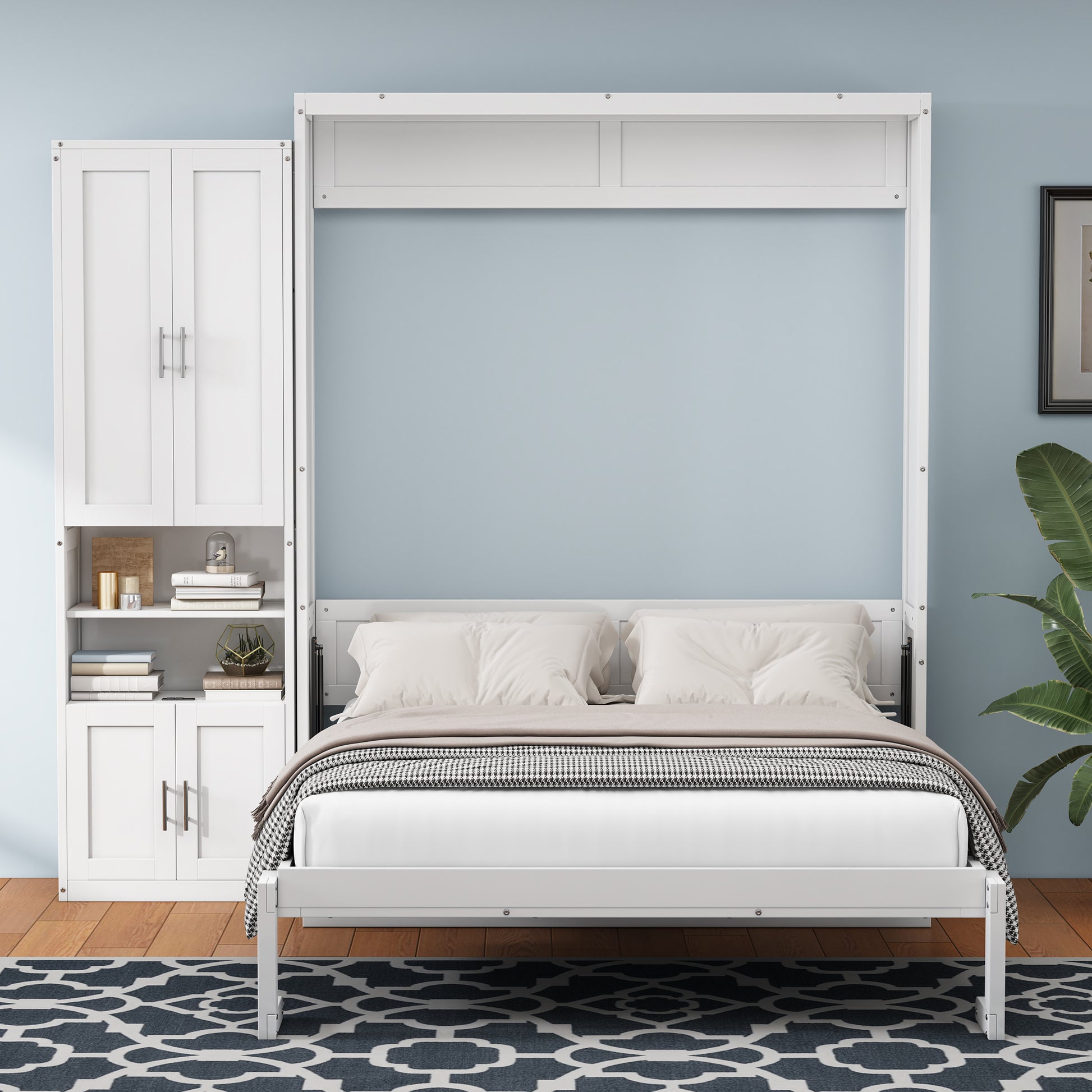 Queen Size Murphy Bed With 1 Side Cabinet Storage Shelf, 68 Inch Cabinet Bed Folding Wall Bed With Desk Combo Perfect For Guest Room, Study, Office,White Old Sku:Bs300491Aac Box Spring Not Required Queen Antique Grey White Wood White Pine Murphy Solid