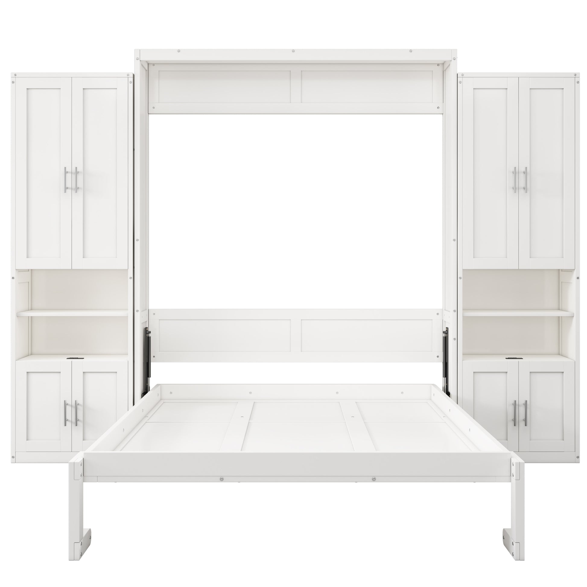 Queen Size Murphy Bed With 2 Side Cabinet Storage Shelves, 68 Inch Cabinet Bed Folding Wall Bed With Desk Combo Perfect For Guest Room, Study, Office,White Old Sku:Bs400491Aac Box Spring Not Required Queen White Wood White Pine Murphy Solid Wood Mdf