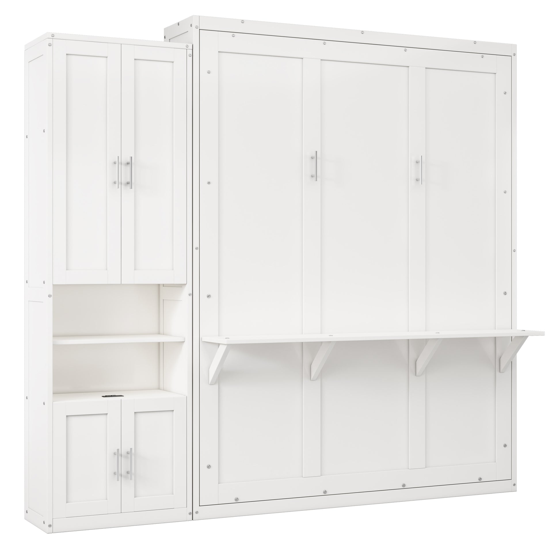 Queen Size Murphy Bed With 1 Side Cabinet Storage Shelf, 68 Inch Cabinet Bed Folding Wall Bed With Desk Combo Perfect For Guest Room, Study, Office,White Old Sku:Bs300491Aac Box Spring Not Required Queen Antique Grey White Wood White Pine Murphy Solid