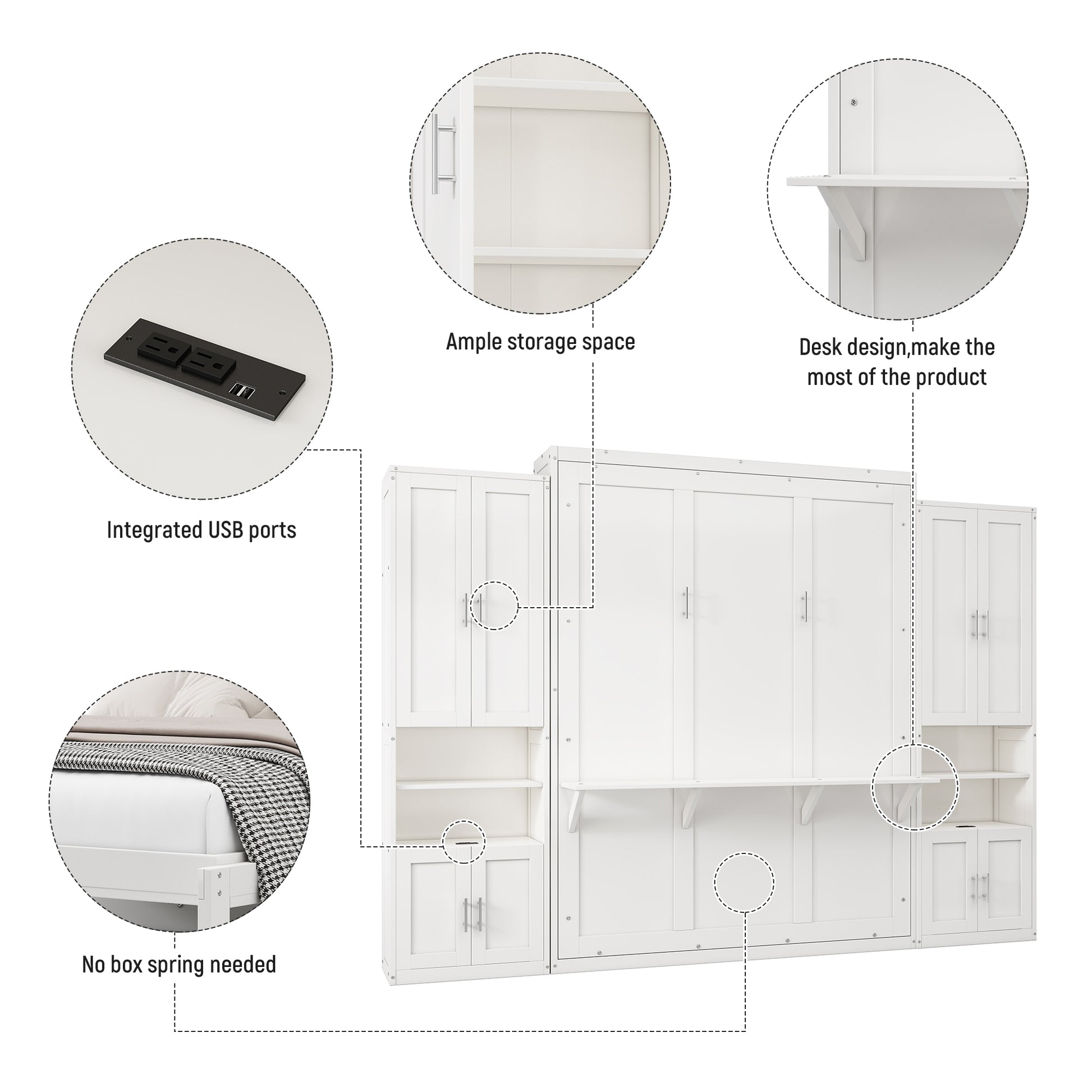 Queen Size Murphy Bed With 2 Side Cabinet Storage Shelves, 68 Inch Cabinet Bed Folding Wall Bed With Desk Combo Perfect For Guest Room, Study, Office,White Old Sku:Bs400491Aac Box Spring Not Required Queen White Wood White Pine Murphy Solid Wood Mdf
