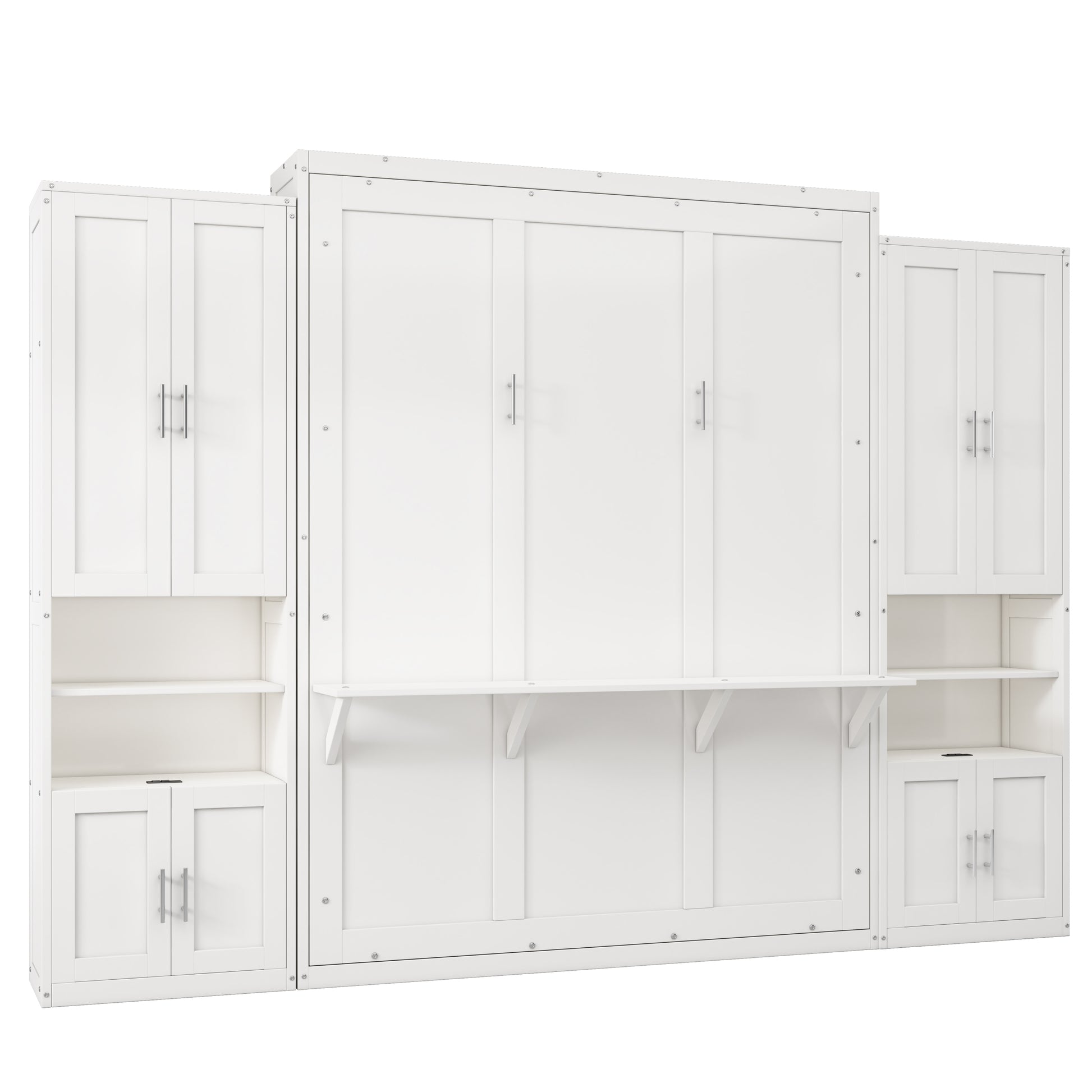 Queen Size Murphy Bed With 2 Side Cabinet Storage Shelves, 68 Inch Cabinet Bed Folding Wall Bed With Desk Combo Perfect For Guest Room, Study, Office,White Old Sku:Bs400491Aac Box Spring Not Required Queen White Wood White Pine Murphy Solid Wood Mdf