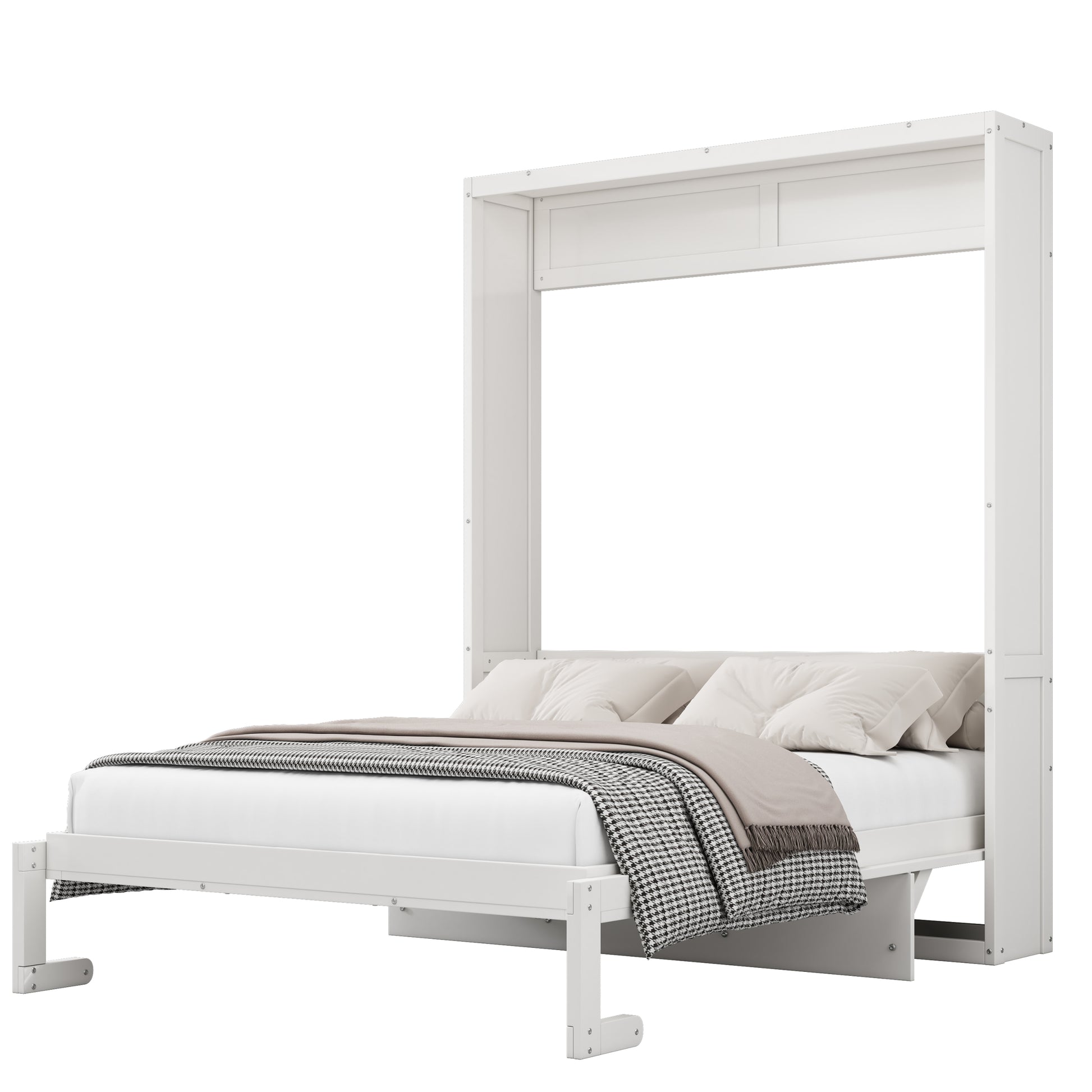 Queen Size Murphy Bed With 2 Side Cabinet Storage Shelves, 68 Inch Cabinet Bed Folding Wall Bed With Desk Combo Perfect For Guest Room, Study, Office,White Old Sku:Bs400491Aac Box Spring Not Required Queen White Wood White Pine Murphy Solid Wood Mdf