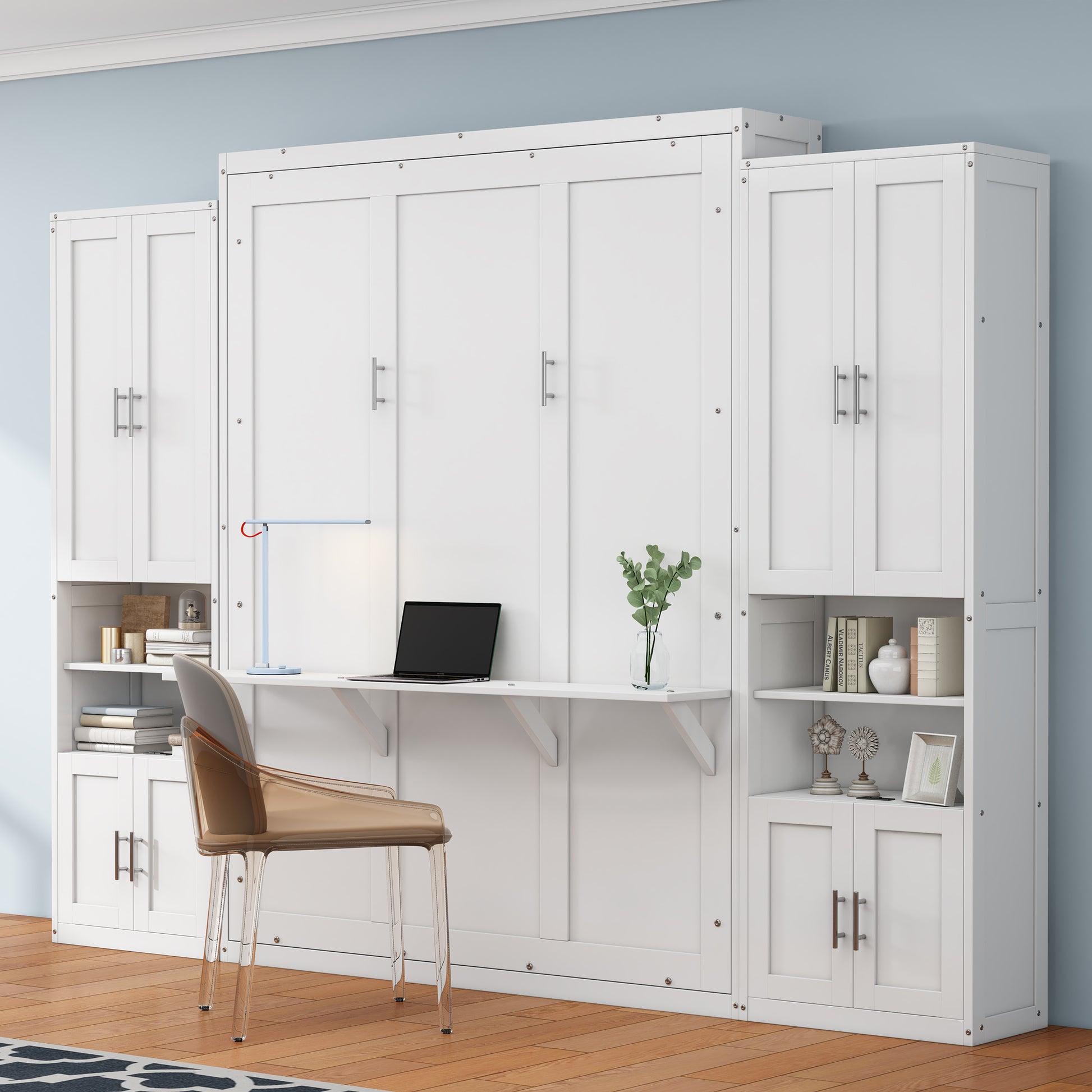 Queen Size Murphy Bed With 2 Side Cabinet Storage Shelves, 68 Inch Cabinet Bed Folding Wall Bed With Desk Combo Perfect For Guest Room, Study, Office,White Old Sku:Bs400491Aac Box Spring Not Required Queen White Wood White Pine Murphy Solid Wood Mdf