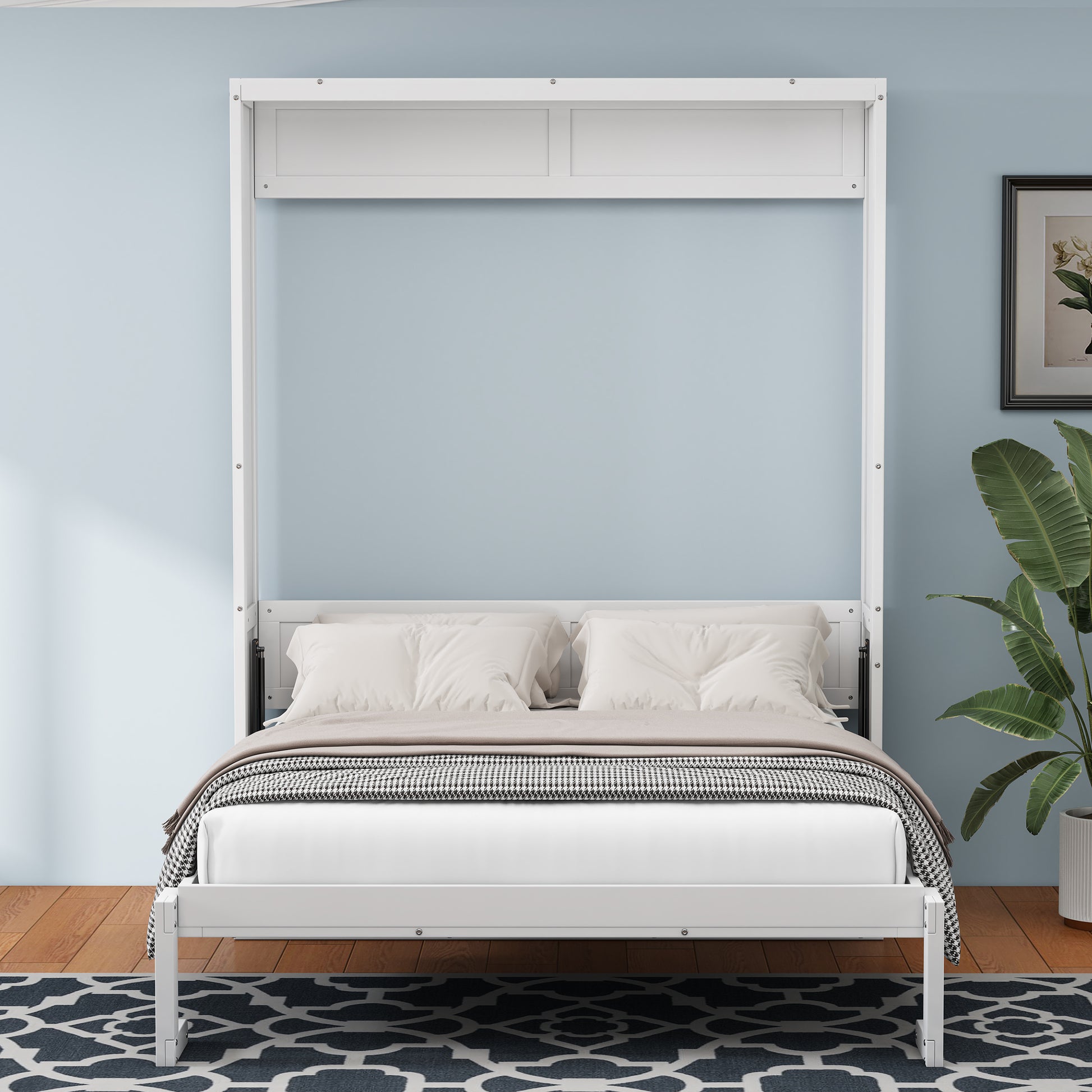 Queen Size Murphy Bed With 2 Side Cabinet Storage Shelves, 68 Inch Cabinet Bed Folding Wall Bed With Desk Combo Perfect For Guest Room, Study, Office,White Old Sku:Bs400491Aac Box Spring Not Required Queen White Wood White Pine Murphy Solid Wood Mdf