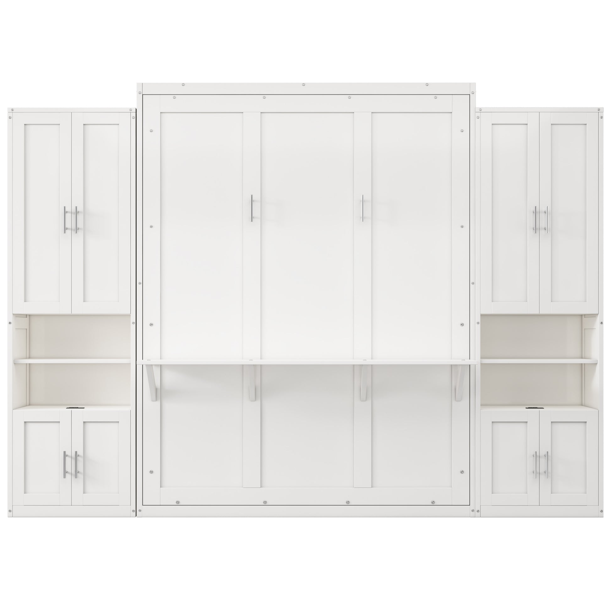 Queen Size Murphy Bed With 2 Side Cabinet Storage Shelves, 68 Inch Cabinet Bed Folding Wall Bed With Desk Combo Perfect For Guest Room, Study, Office,White Old Sku:Bs400491Aac Box Spring Not Required Queen White Wood White Pine Murphy Solid Wood Mdf