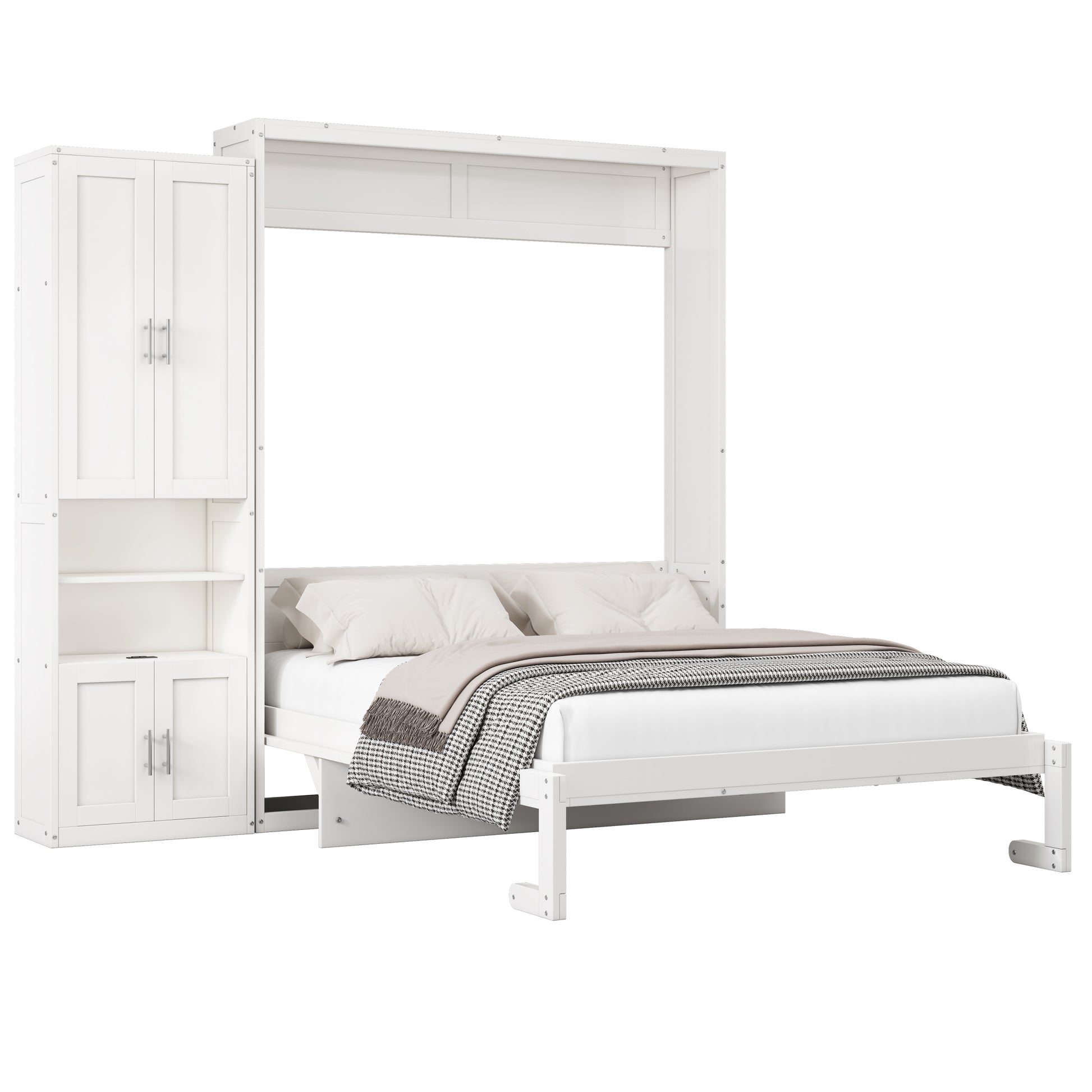 Queen Size Murphy Bed With 1 Side Cabinet Storage Shelf, 68 Inch Cabinet Bed Folding Wall Bed With Desk Combo Perfect For Guest Room, Study, Office,White Old Sku:Bs300491Aac Box Spring Not Required Queen Antique Grey White Wood White Pine Murphy Solid