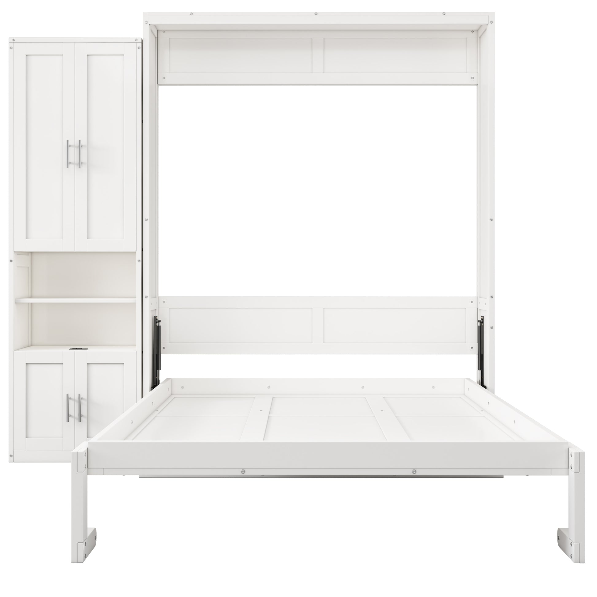 Queen Size Murphy Bed With 1 Side Cabinet Storage Shelf, 68 Inch Cabinet Bed Folding Wall Bed With Desk Combo Perfect For Guest Room, Study, Office,White Old Sku:Bs300491Aac Box Spring Not Required Queen Antique Grey White Wood White Pine Murphy Solid