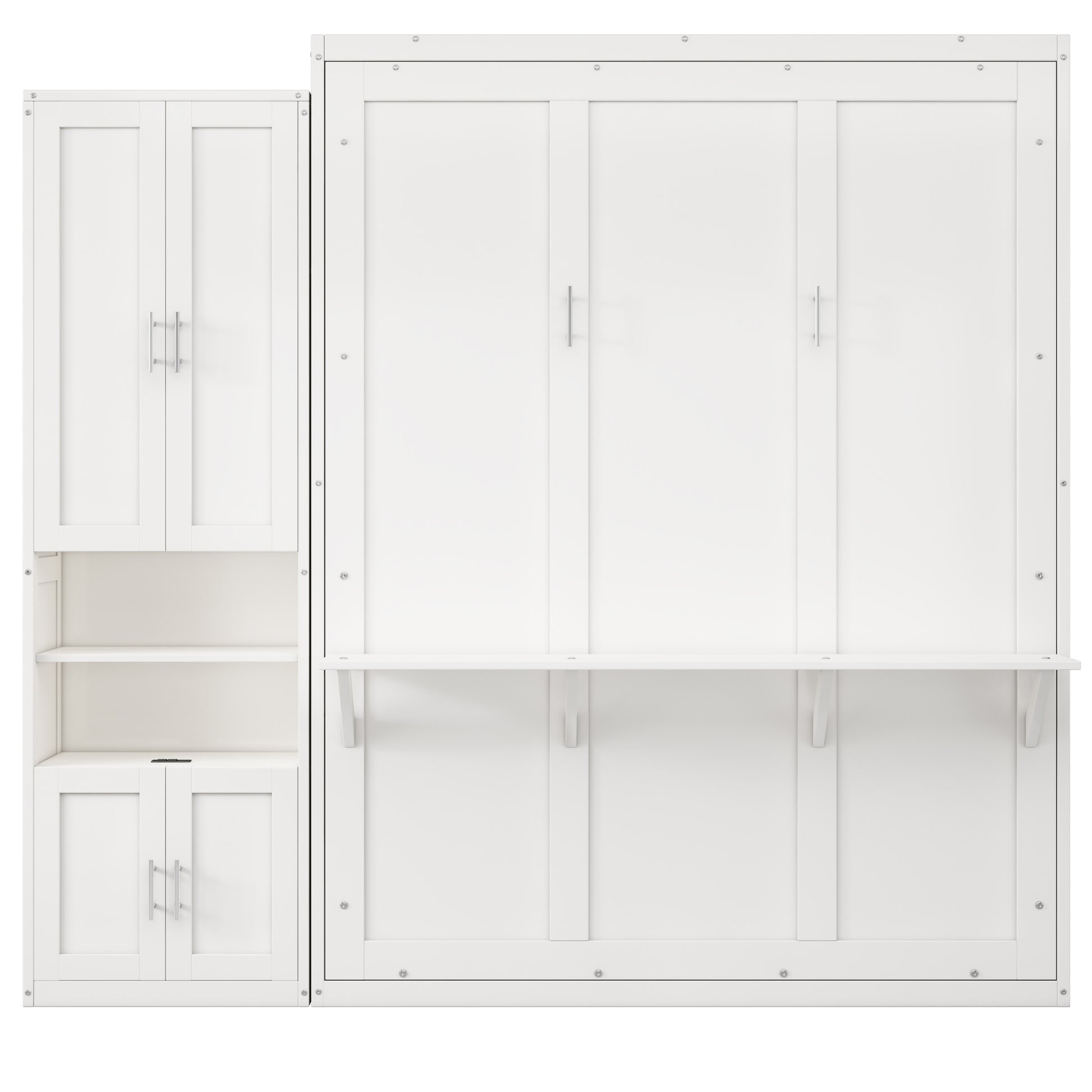 Queen Size Murphy Bed With 1 Side Cabinet Storage Shelf, 68 Inch Cabinet Bed Folding Wall Bed With Desk Combo Perfect For Guest Room, Study, Office,White Old Sku:Bs300491Aac Box Spring Not Required Queen Antique Grey White Wood White Pine Murphy Solid