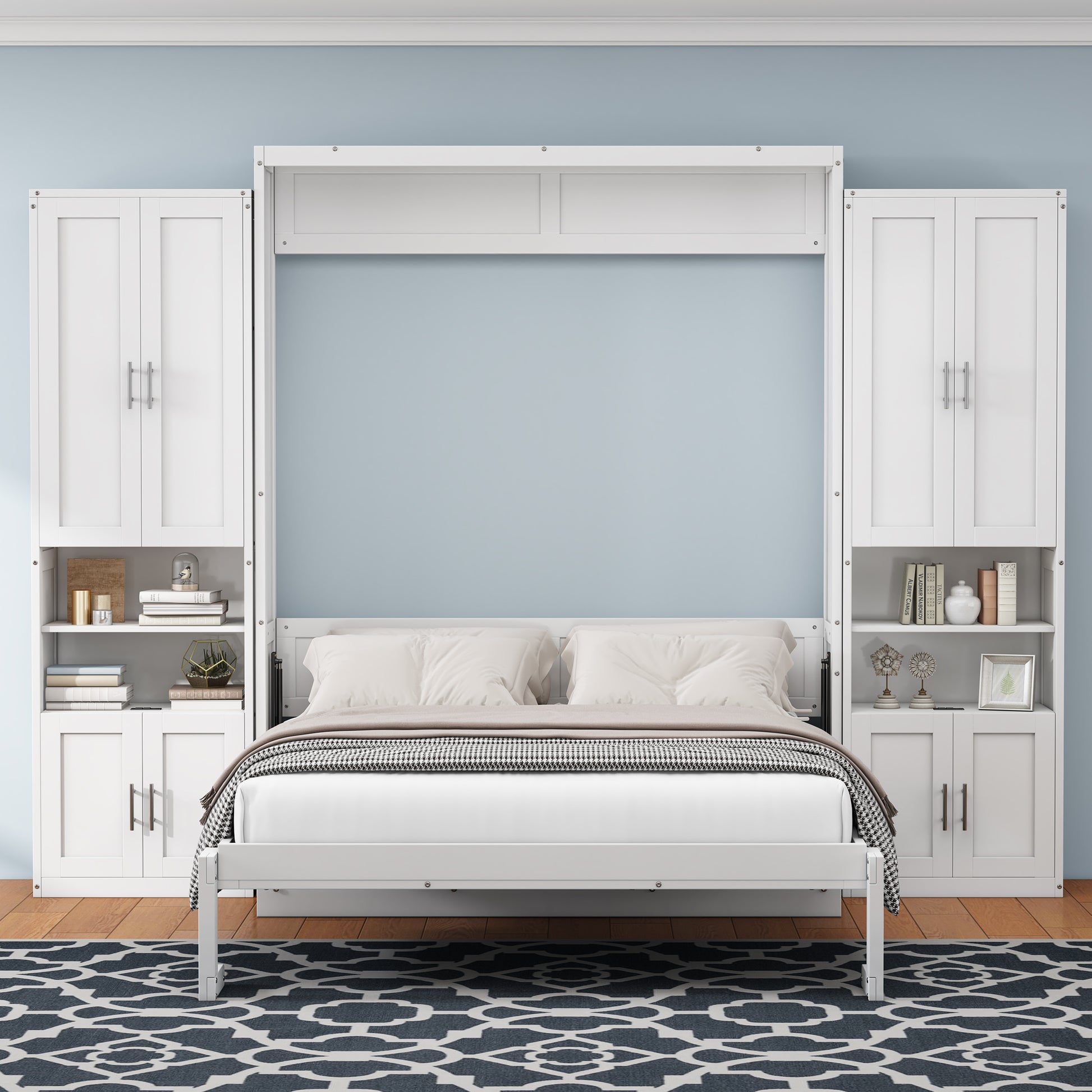 Queen Size Murphy Bed With 2 Side Cabinet Storage Shelves, 68 Inch Cabinet Bed Folding Wall Bed With Desk Combo Perfect For Guest Room, Study, Office,White Old Sku:Bs400491Aac Box Spring Not Required Queen White Wood White Pine Murphy Solid Wood Mdf
