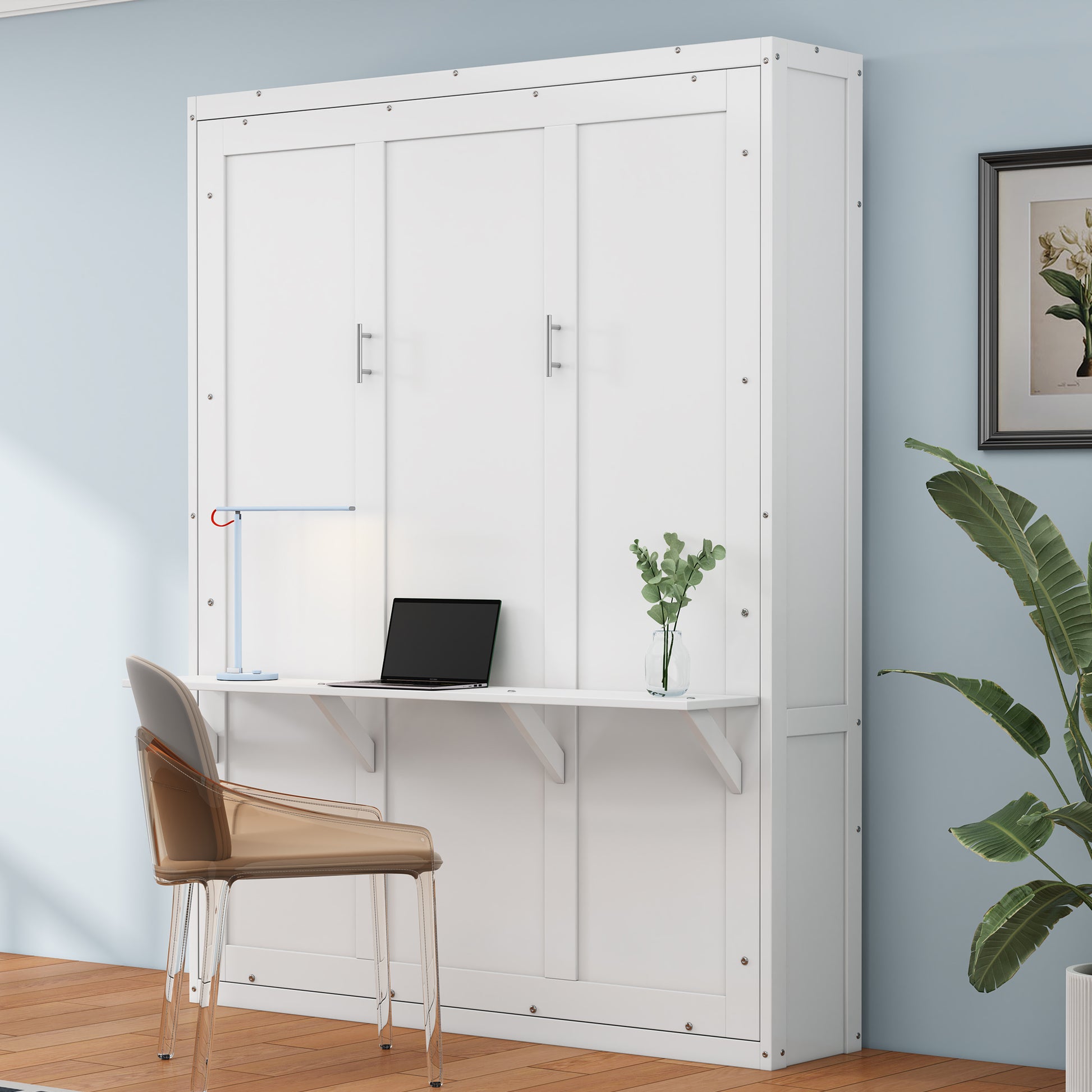 Queen Size Murphy Bed With 2 Side Cabinet Storage Shelves, 68 Inch Cabinet Bed Folding Wall Bed With Desk Combo Perfect For Guest Room, Study, Office,White Old Sku:Bs400491Aac Box Spring Not Required Queen White Wood White Pine Murphy Solid Wood Mdf