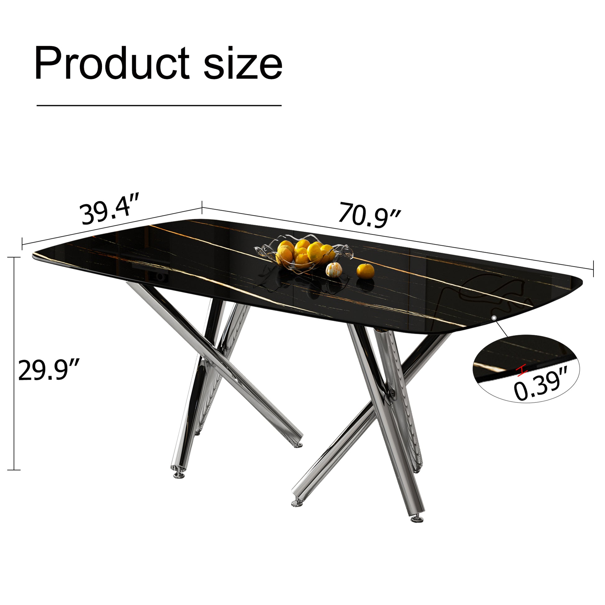 Large Modern Minimalist Rectangular Dining Table With 0.39 "Imitation Marble Black Tabletop And Silver Metal Legs, Suitable For Kitchens, Living Rooms, Conference Rooms, And Banquet Halls 1538 Black Glass