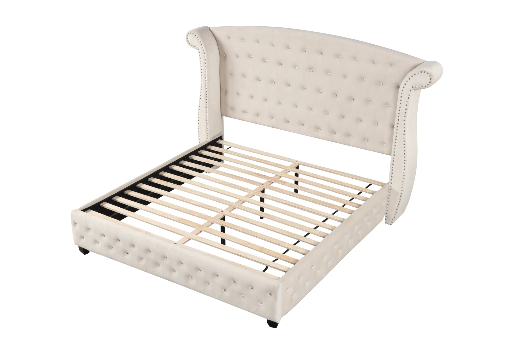 Sophia Crystal Tufted King Bed Made With Wood In Cream Box Spring Not Required King Cream Wood Bedroom Contemporary,Modern Upholstered Velvet Wood