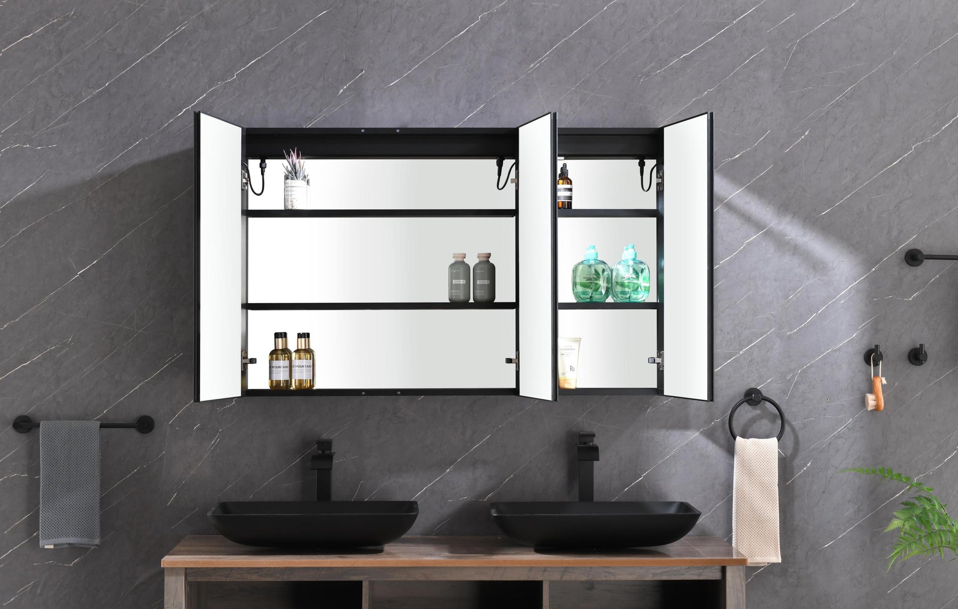 48*30 In Led Mirror Lighted Medicine Cabinet With Lights, Led Medicine Cabinet W Defogger, Dimmer, 3X Makeup Mirror, Outlets & Usb Matte Black Aluminium