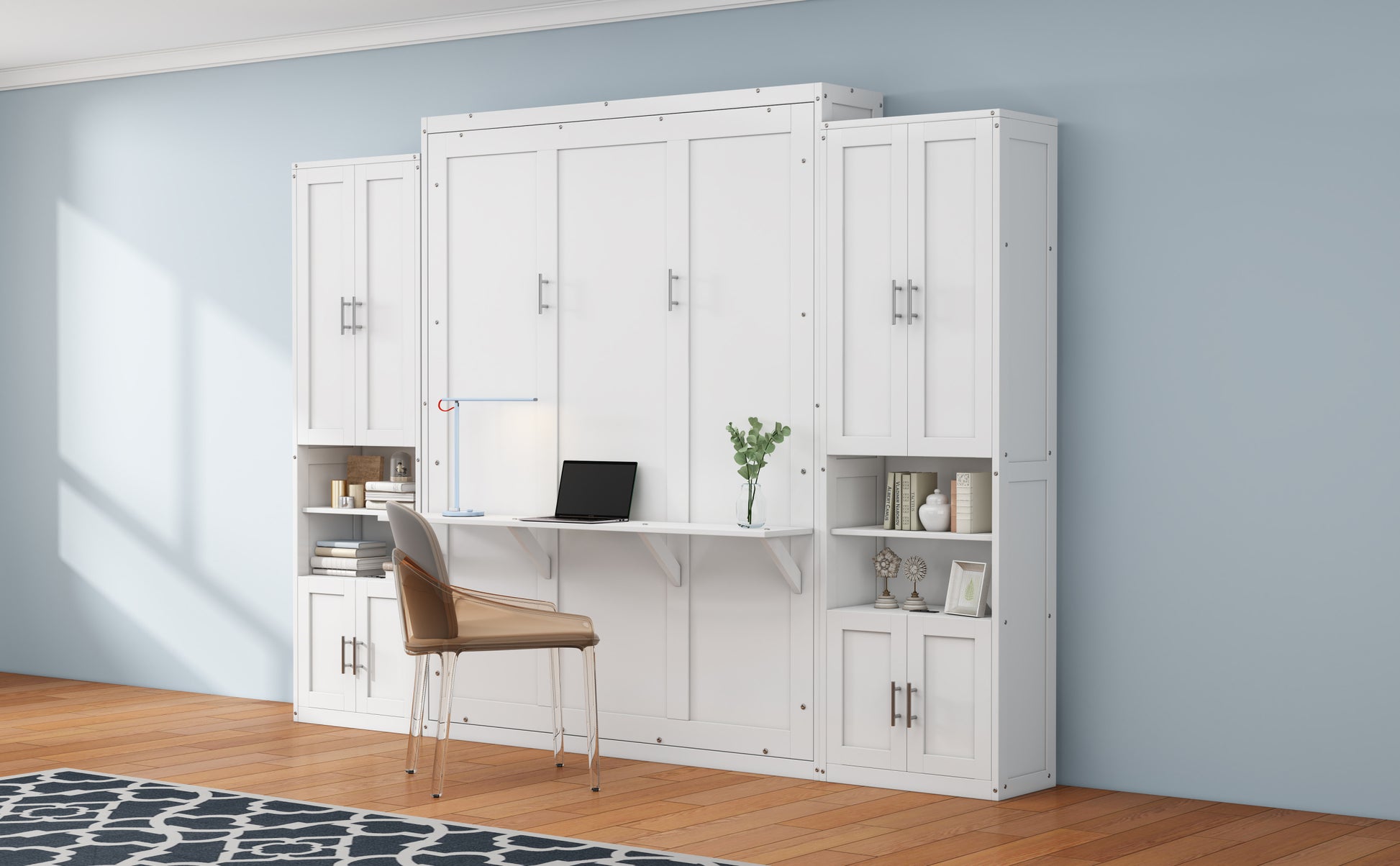 Queen Size Murphy Bed With 2 Side Cabinet Storage Shelves, 68 Inch Cabinet Bed Folding Wall Bed With Desk Combo Perfect For Guest Room, Study, Office,White Old Sku:Bs400491Aac Box Spring Not Required Queen White Wood White Pine Murphy Solid Wood Mdf