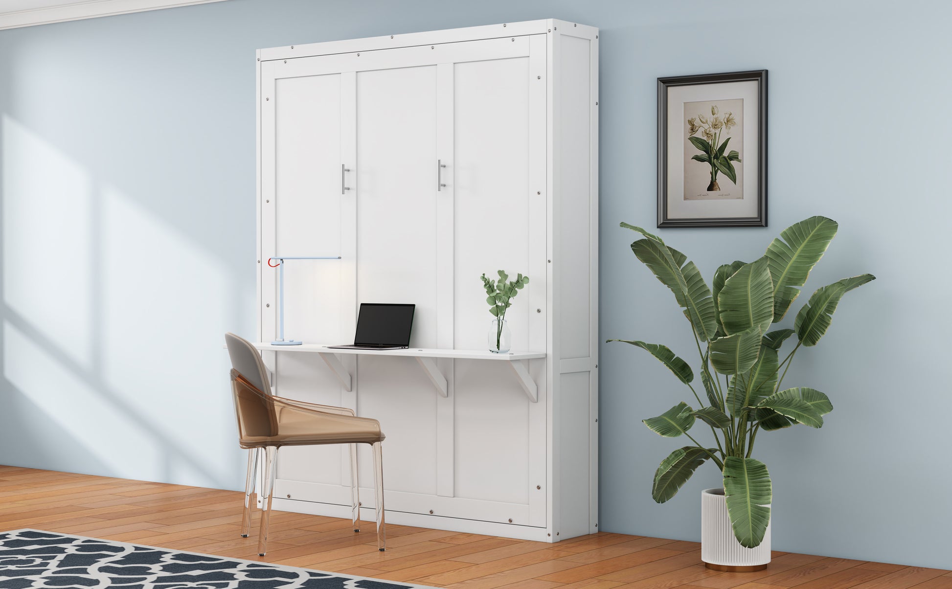 Queen Size Murphy Bed With 2 Side Cabinet Storage Shelves, 68 Inch Cabinet Bed Folding Wall Bed With Desk Combo Perfect For Guest Room, Study, Office,White Old Sku:Bs400491Aac Box Spring Not Required Queen White Wood White Pine Murphy Solid Wood Mdf