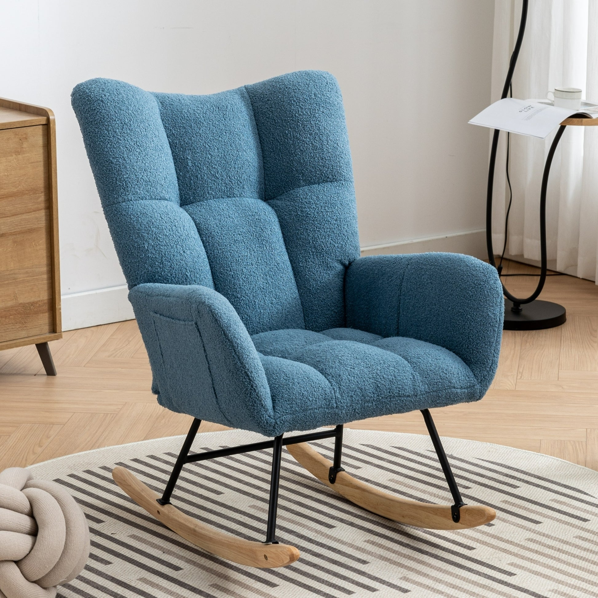 Rocking Chair With Pocket, Soft Teddy Fabric Rocking Chair For Nursery, Comfy Wingback Glider Rocker With Safe Solid Wood Base For Living Room Bedroom Balcony Blue Blue Casual Foam Teddy