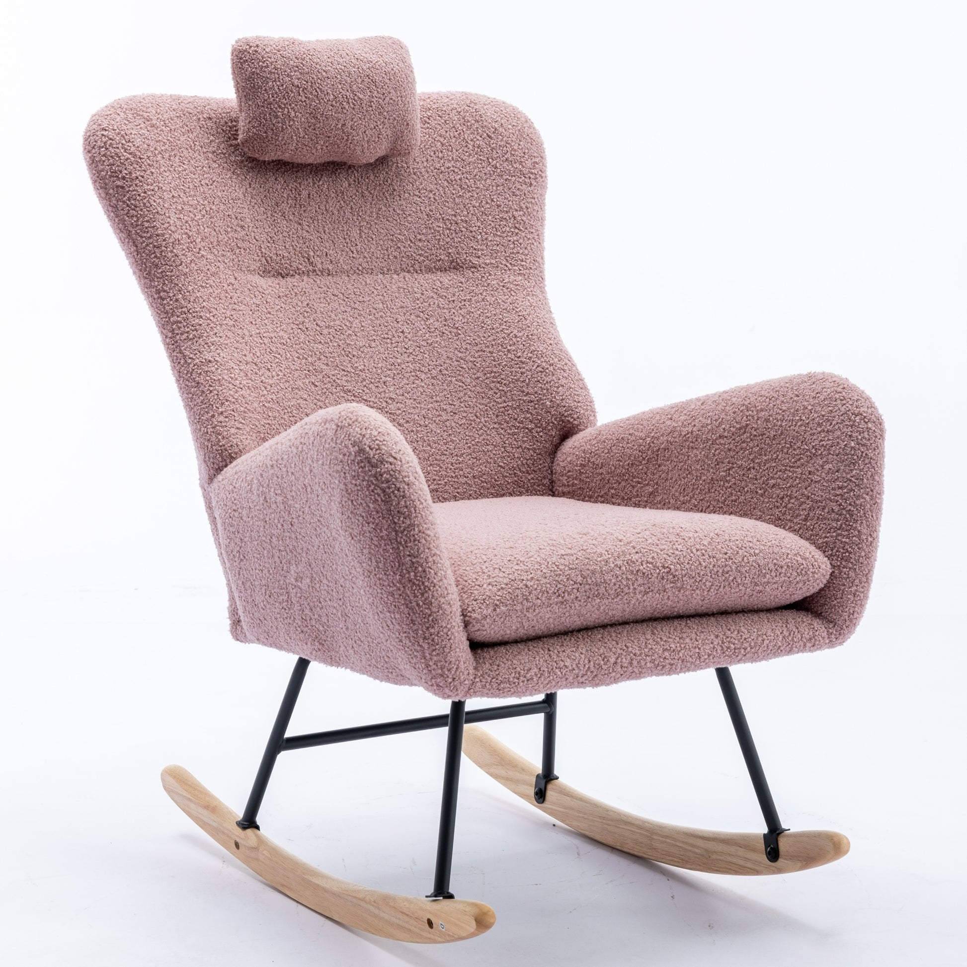 35.5 Inch Rocking Chair With Pocket, Soft Teddy Fabric Rocking Chair For Nursery, Comfy Wingback Glider Rocker With Safe Solid Wood Base For Living Room Bedroom Balcony Pink Pink Casual Foam Teddy