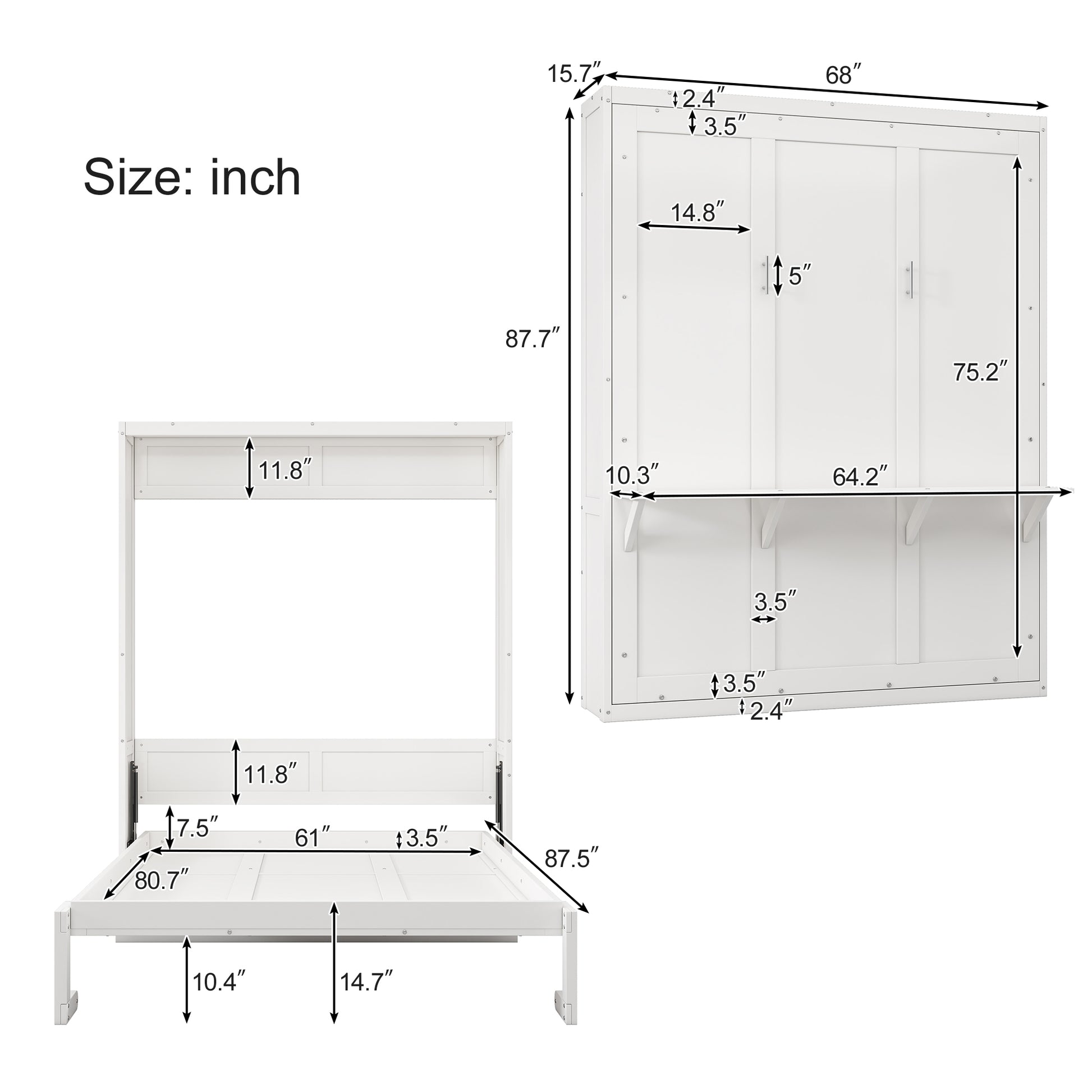 Queen Size Murphy Bed With 2 Side Cabinet Storage Shelves, 68 Inch Cabinet Bed Folding Wall Bed With Desk Combo Perfect For Guest Room, Study, Office,White Old Sku:Bs400491Aac Box Spring Not Required Queen White Wood White Pine Murphy Solid Wood Mdf