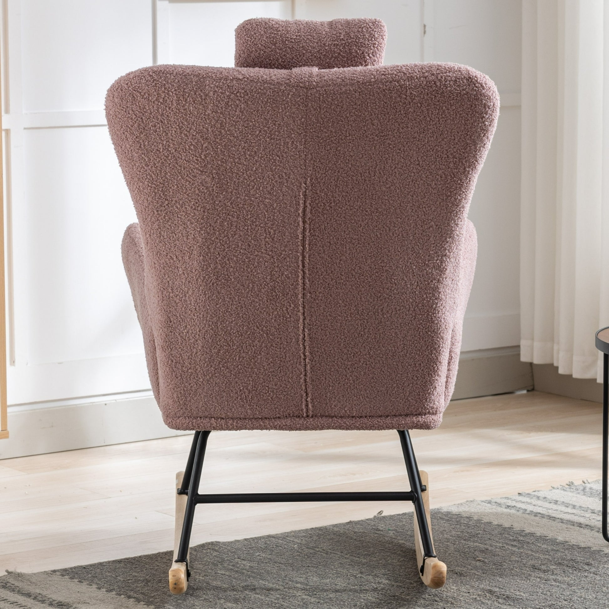 35.5 Inch Rocking Chair With Pocket, Soft Teddy Fabric Rocking Chair For Nursery, Comfy Wingback Glider Rocker With Safe Solid Wood Base For Living Room Bedroom Balcony Pink Pink Casual Foam Teddy