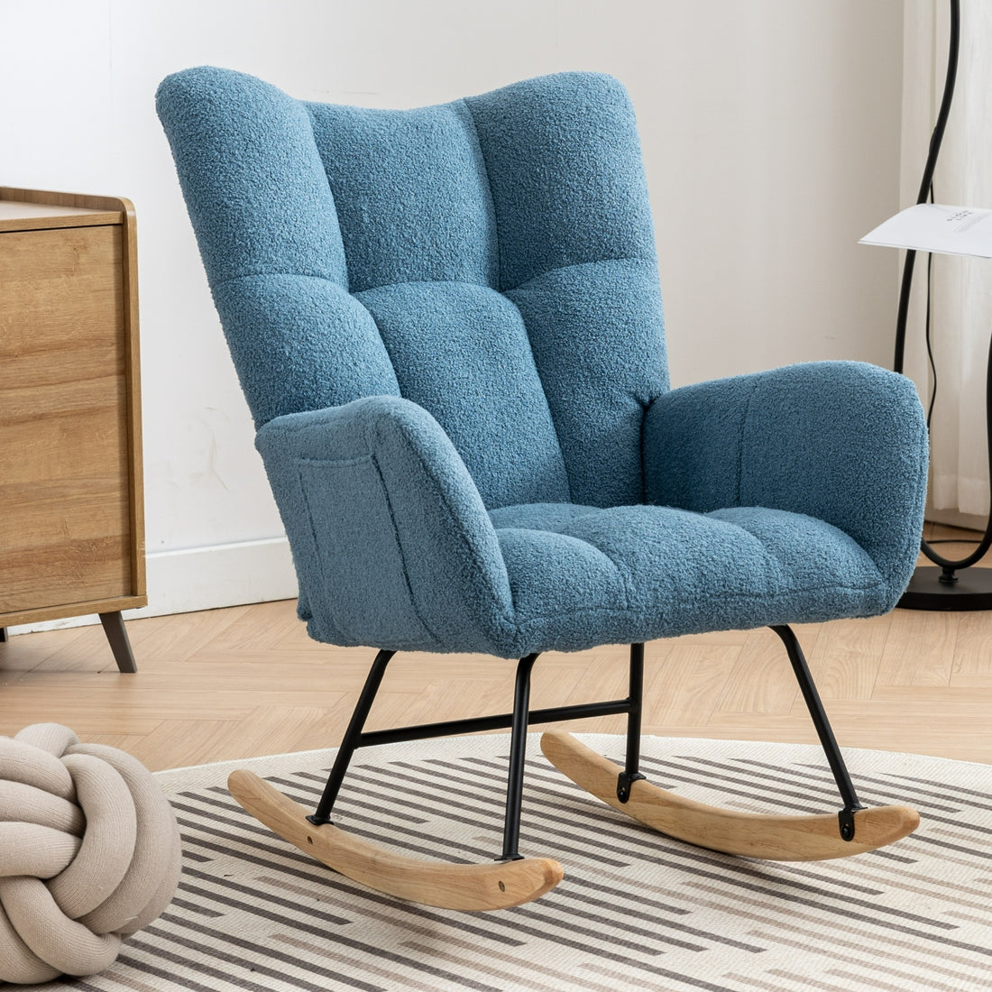 Rocking Chair With Pocket, Soft Teddy Fabric Rocking Chair For Nursery, Comfy Wingback Glider Rocker With Safe Solid Wood Base For Living Room Bedroom Balcony Blue Blue Casual Foam Teddy