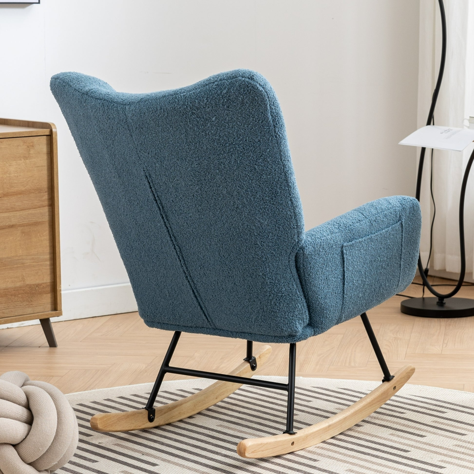 Rocking Chair With Pocket, Soft Teddy Fabric Rocking Chair For Nursery, Comfy Wingback Glider Rocker With Safe Solid Wood Base For Living Room Bedroom Balcony Blue Blue Casual Foam Teddy