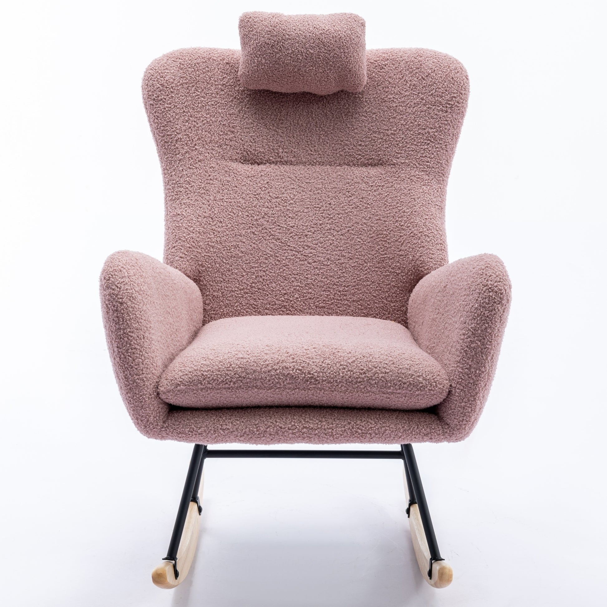 35.5 Inch Rocking Chair With Pocket, Soft Teddy Fabric Rocking Chair For Nursery, Comfy Wingback Glider Rocker With Safe Solid Wood Base For Living Room Bedroom Balcony Pink Pink Casual Foam Teddy