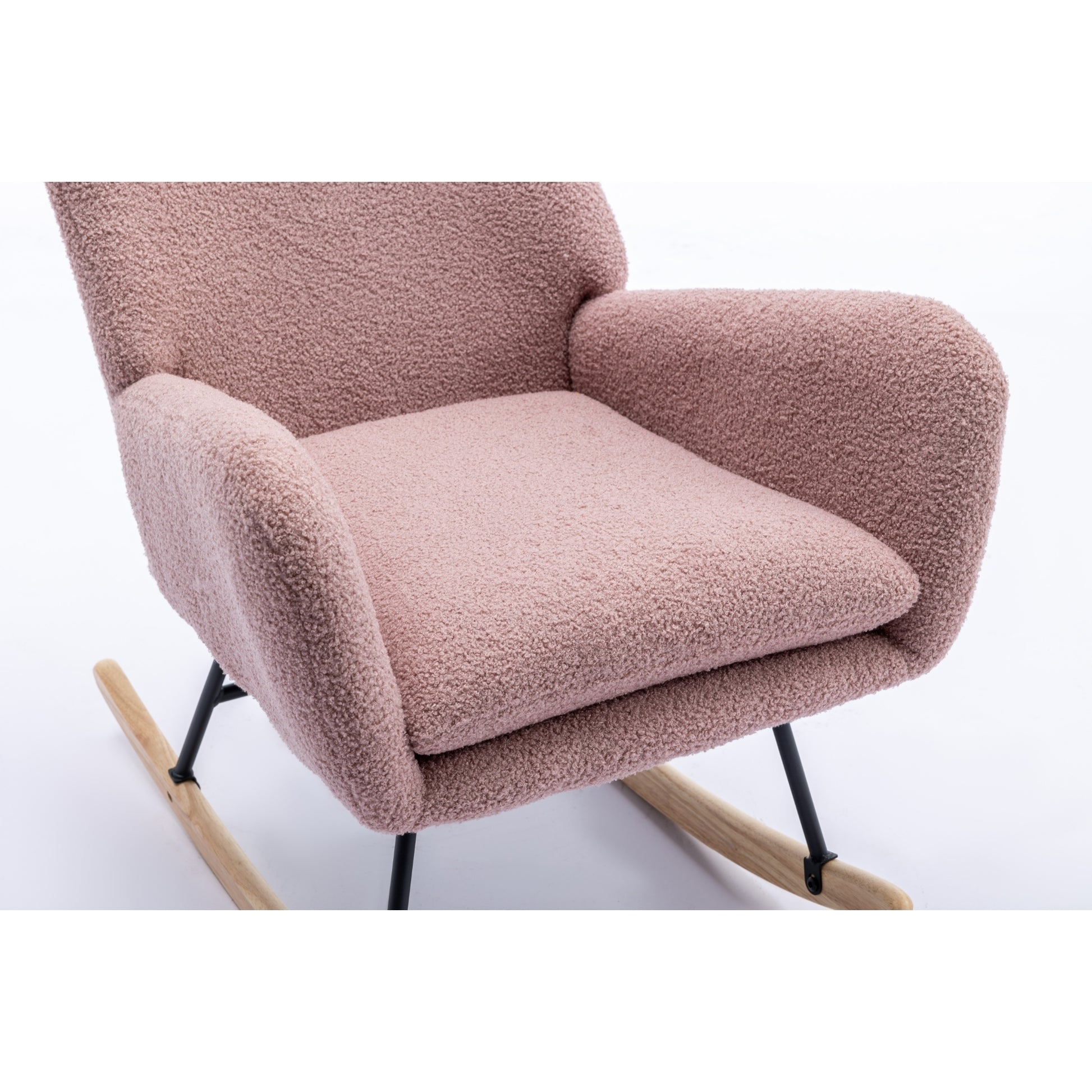 35.5 Inch Rocking Chair With Pocket, Soft Teddy Fabric Rocking Chair For Nursery, Comfy Wingback Glider Rocker With Safe Solid Wood Base For Living Room Bedroom Balcony Pink Pink Casual Foam Teddy