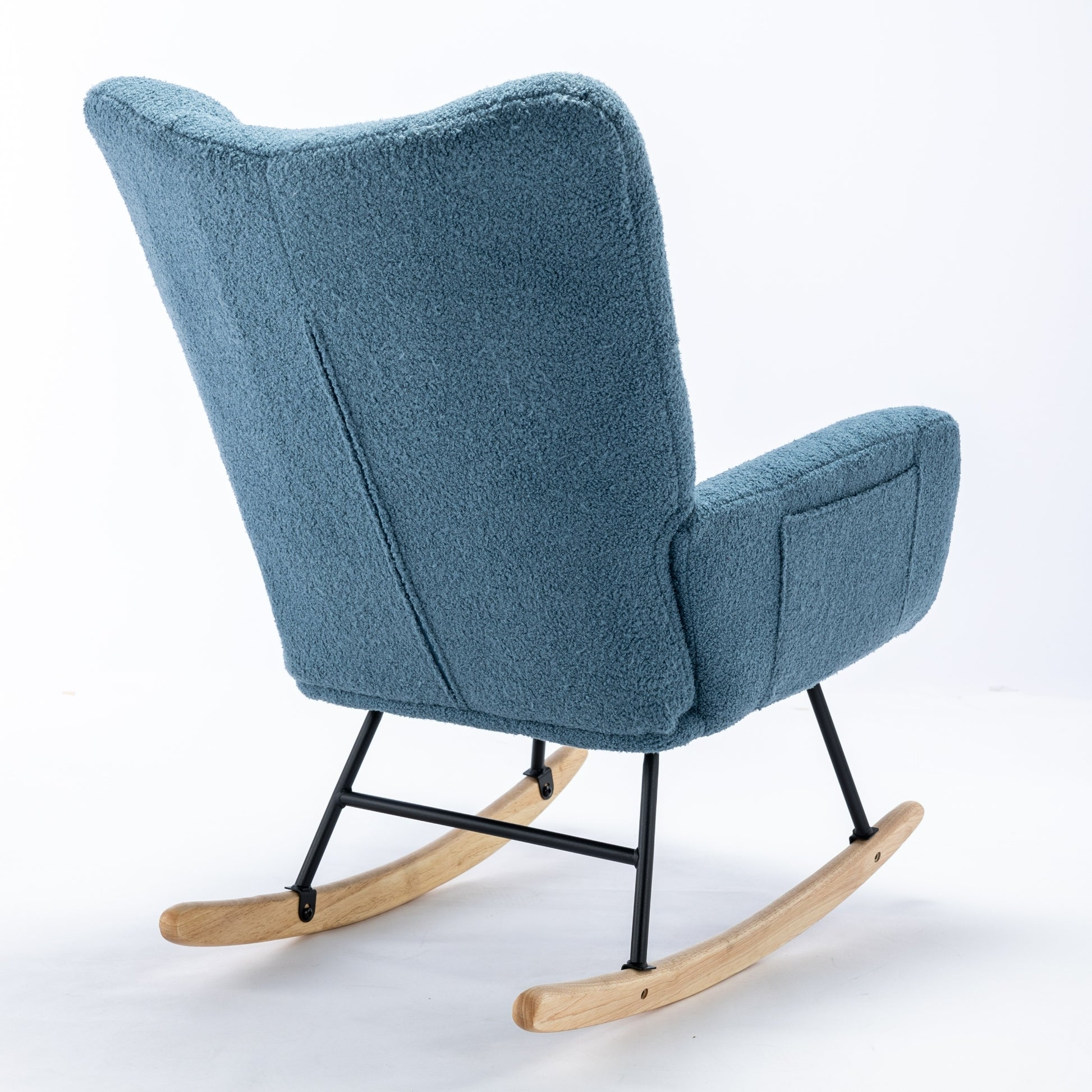 Rocking Chair With Pocket, Soft Teddy Fabric Rocking Chair For Nursery, Comfy Wingback Glider Rocker With Safe Solid Wood Base For Living Room Bedroom Balcony Blue Blue Casual Foam Teddy