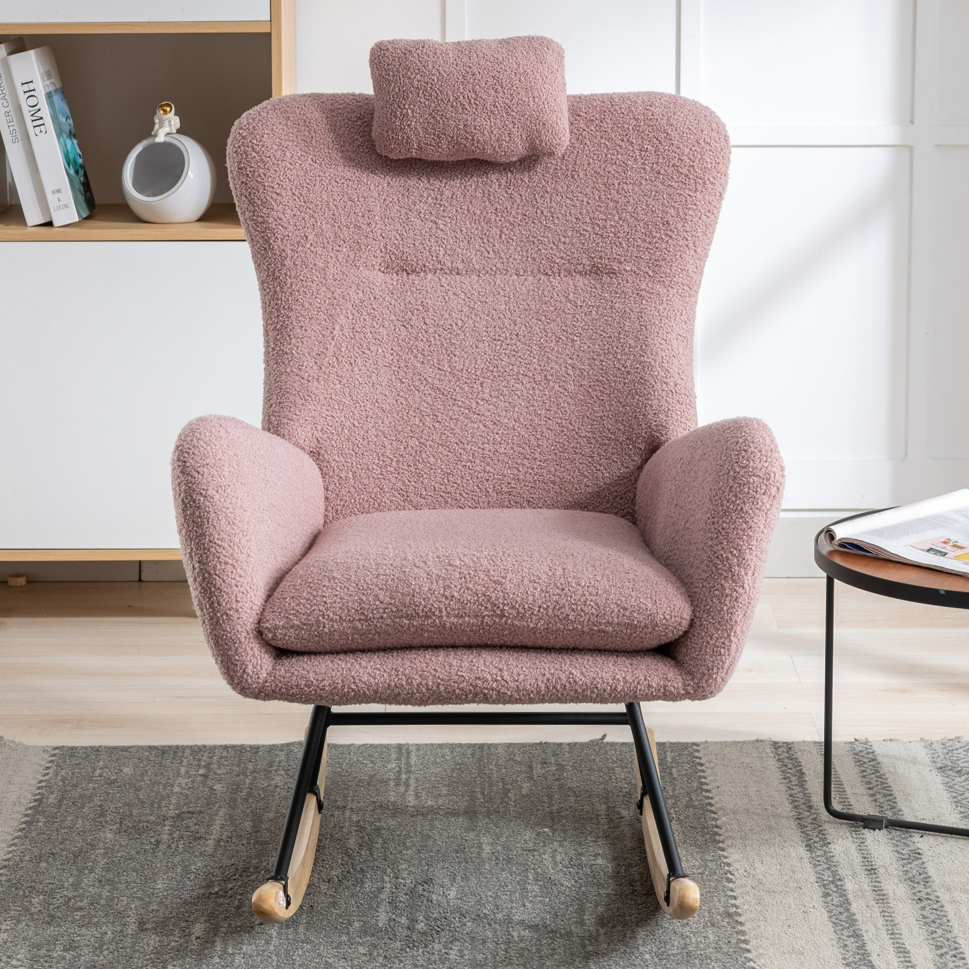 35.5 Inch Rocking Chair With Pocket, Soft Teddy Fabric Rocking Chair For Nursery, Comfy Wingback Glider Rocker With Safe Solid Wood Base For Living Room Bedroom Balcony Pink Pink Casual Foam Teddy