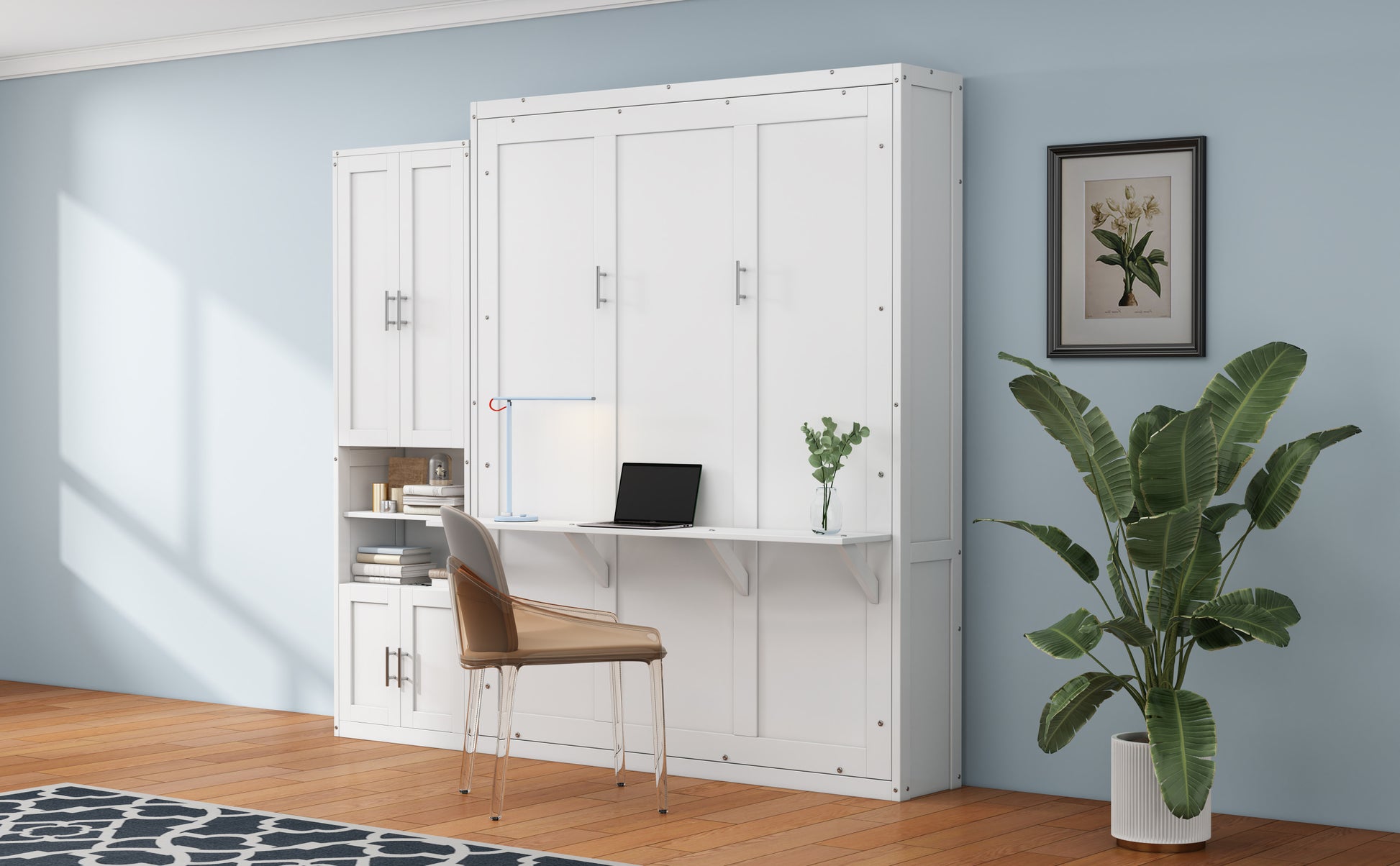 Queen Size Murphy Bed With 1 Side Cabinet Storage Shelf, 68 Inch Cabinet Bed Folding Wall Bed With Desk Combo Perfect For Guest Room, Study, Office,White Old Sku:Bs300491Aac Box Spring Not Required Queen Antique Grey White Wood White Pine Murphy Solid