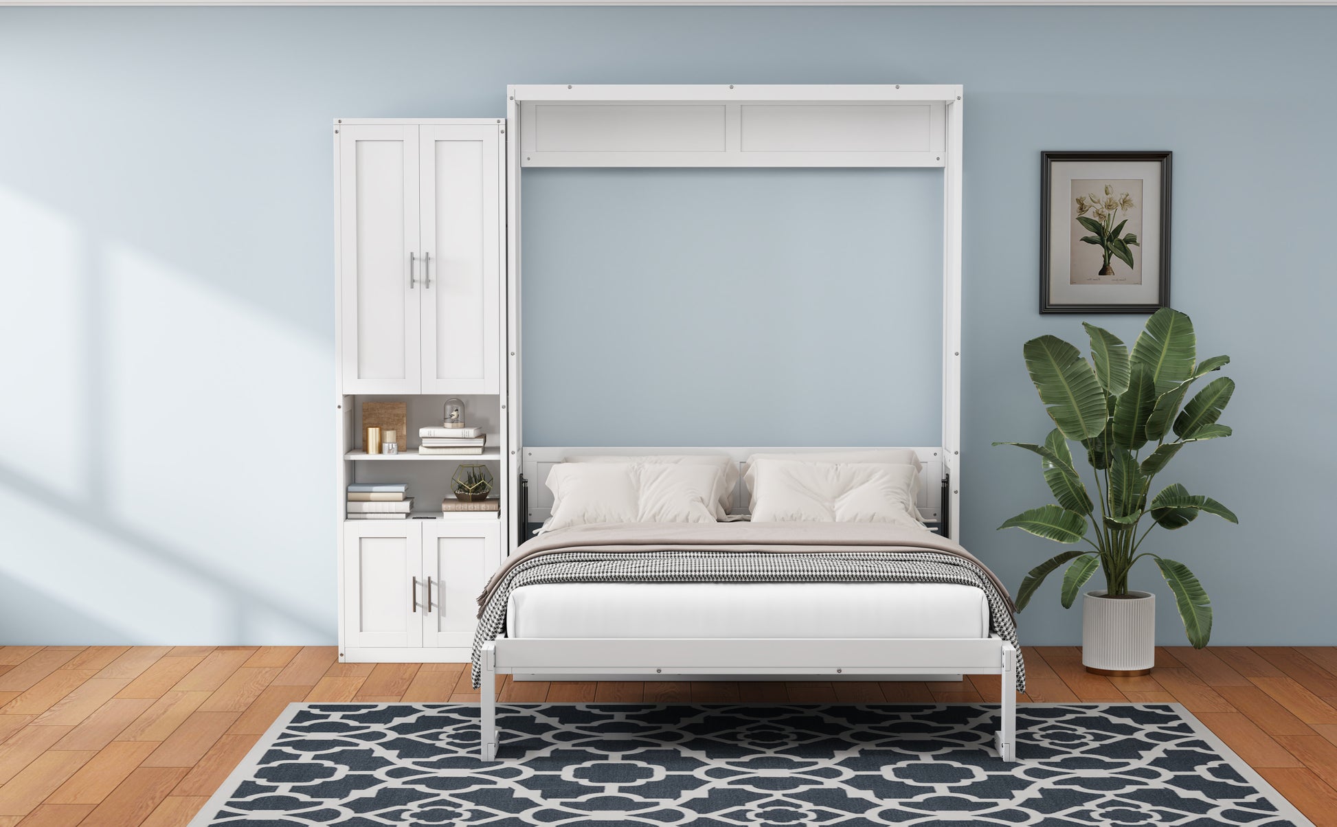 Queen Size Murphy Bed With 1 Side Cabinet Storage Shelf, 68 Inch Cabinet Bed Folding Wall Bed With Desk Combo Perfect For Guest Room, Study, Office,White Old Sku:Bs300491Aac Box Spring Not Required Queen Antique Grey White Wood White Pine Murphy Solid
