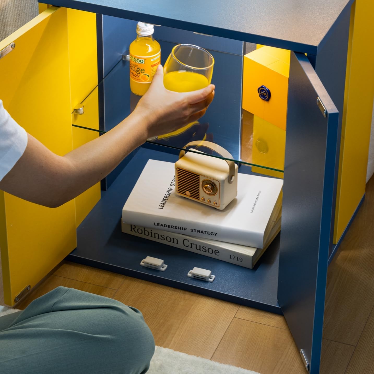 Bedside Tables With Led Farmhouse Gray Nightstand Tables With Glass Shelves Led End Table For Living Room Yellow & Blue Blue Yellow Bedroom Open Storage American Design,American Traditional,Art Deco,Casual,Classic Rosewood Easy Assembly Glass Engineered