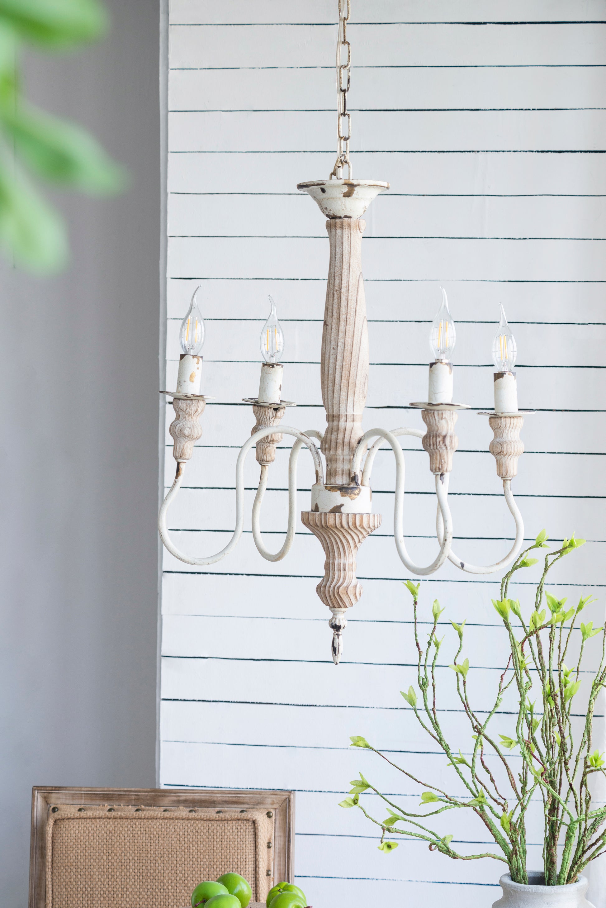 4 Light Wood Chandelier, Hanging Light Fixture With Adjustable Chain For Kitchen Dining Room Foyer Entryway, Bulb Not Included Cream White Wood